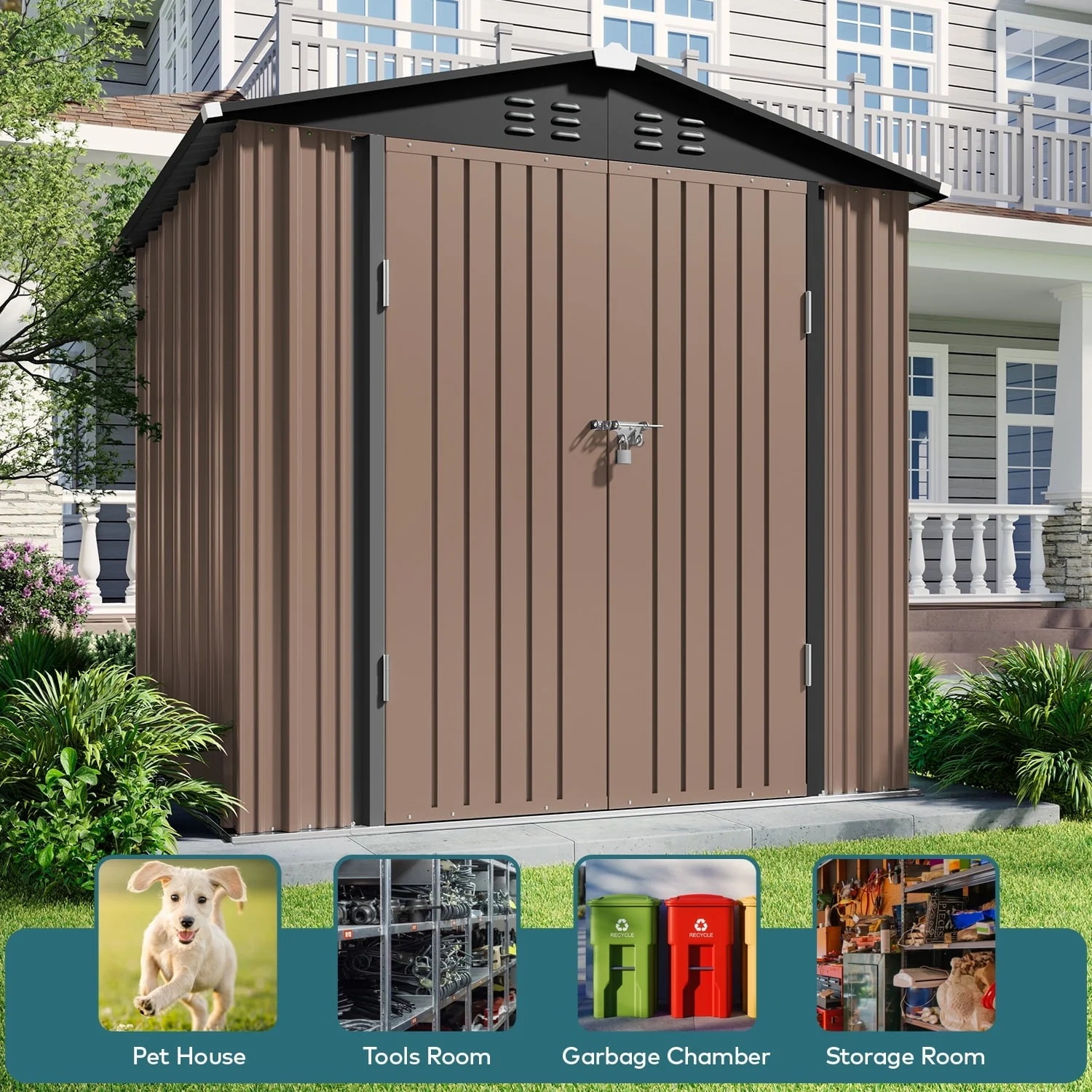 Lofka 6 x 4 FT Outdoor Shed for Storage, Metal Garden Shed with Double Lockable Doors, Brown - Image 2