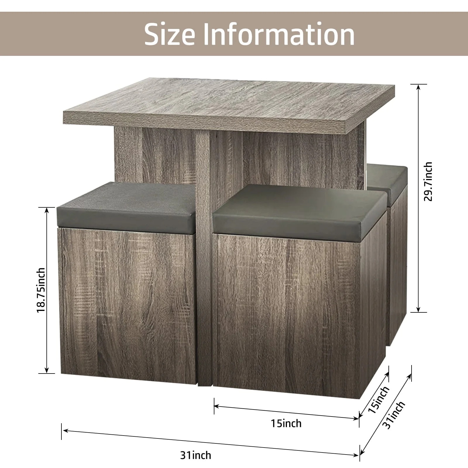 SUGIFT 5-Piece Dexter Dining Set with Storage Ottoman, Taupe - Image 4
