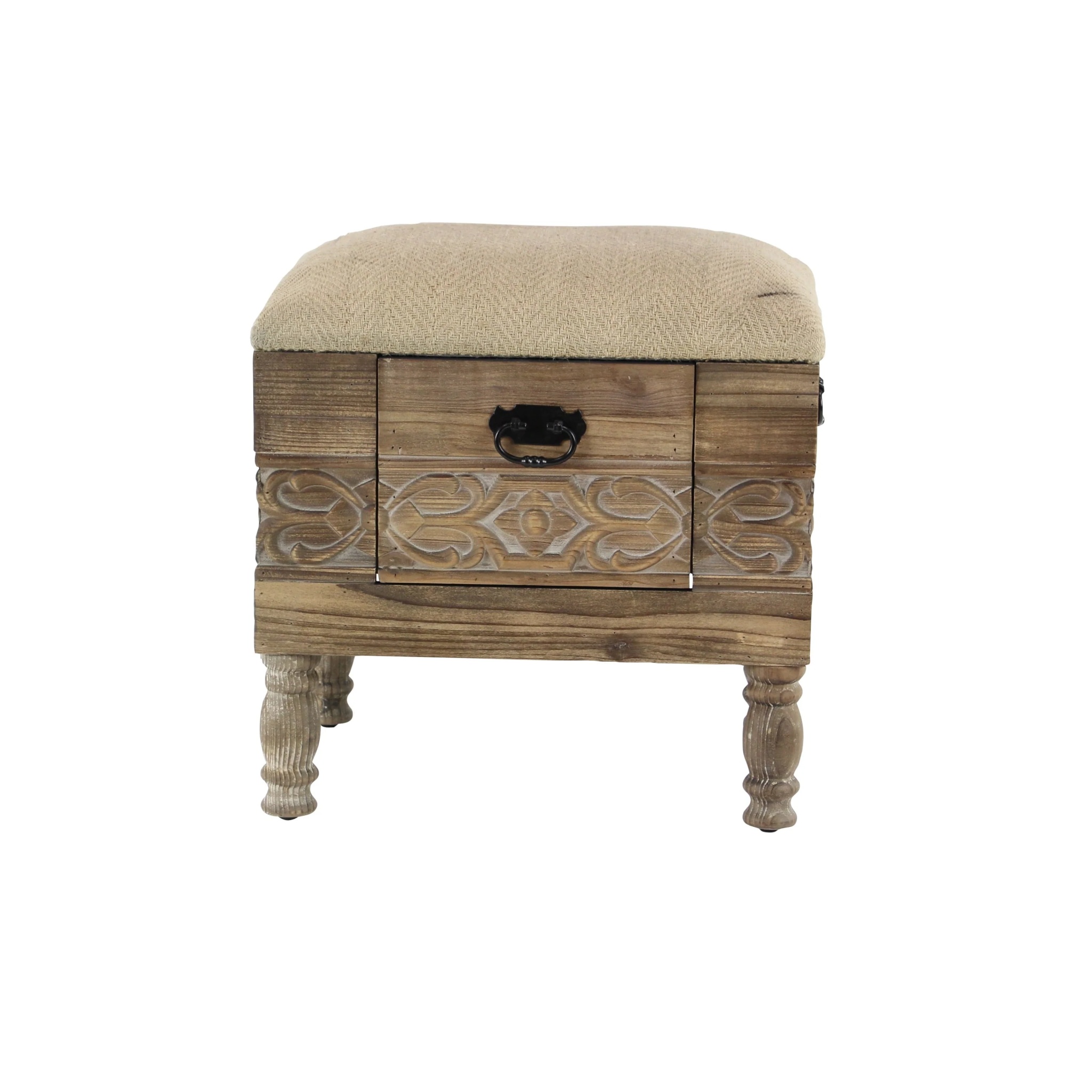 DecMode Wood Floral Intricately Carved Storage Stool with Cream Burlap Top, Beige - Image 9