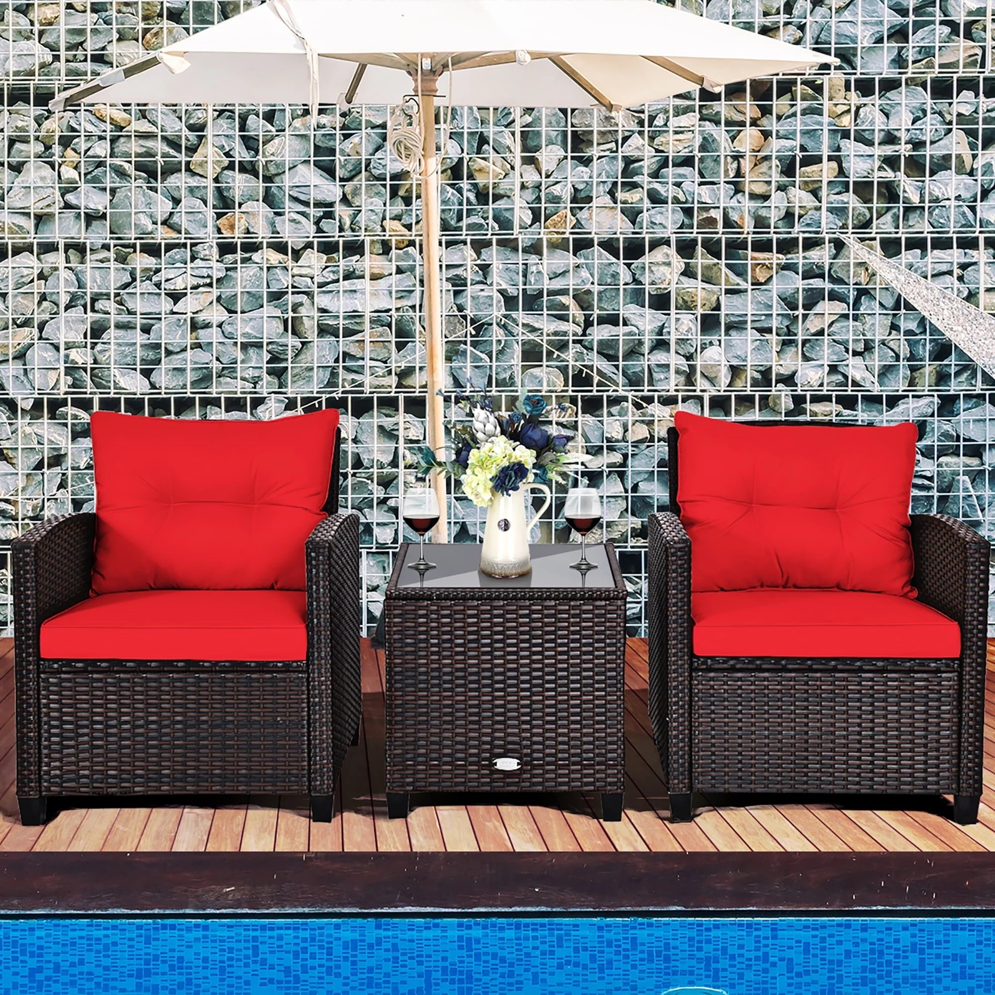 Costway 3PCS Patio Rattan Furniture Set Cushioned Conversation Set Sofa Coffee Table Red - Image 5