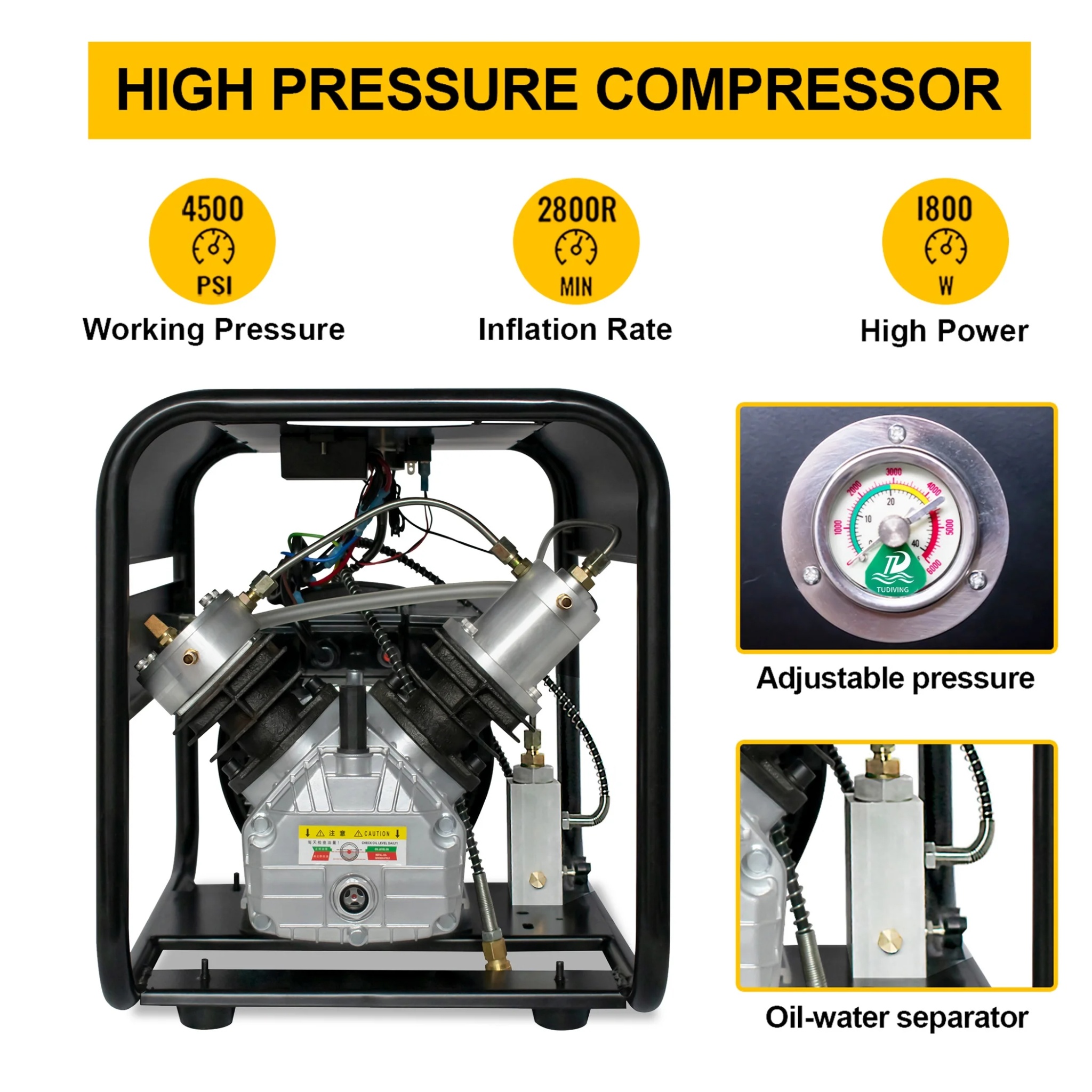 TUDIVING 4500Psi PCP Air Compressor Double Cylinder Auto-Stop High Pressure Air Pump 40L/min 110V - Image 4