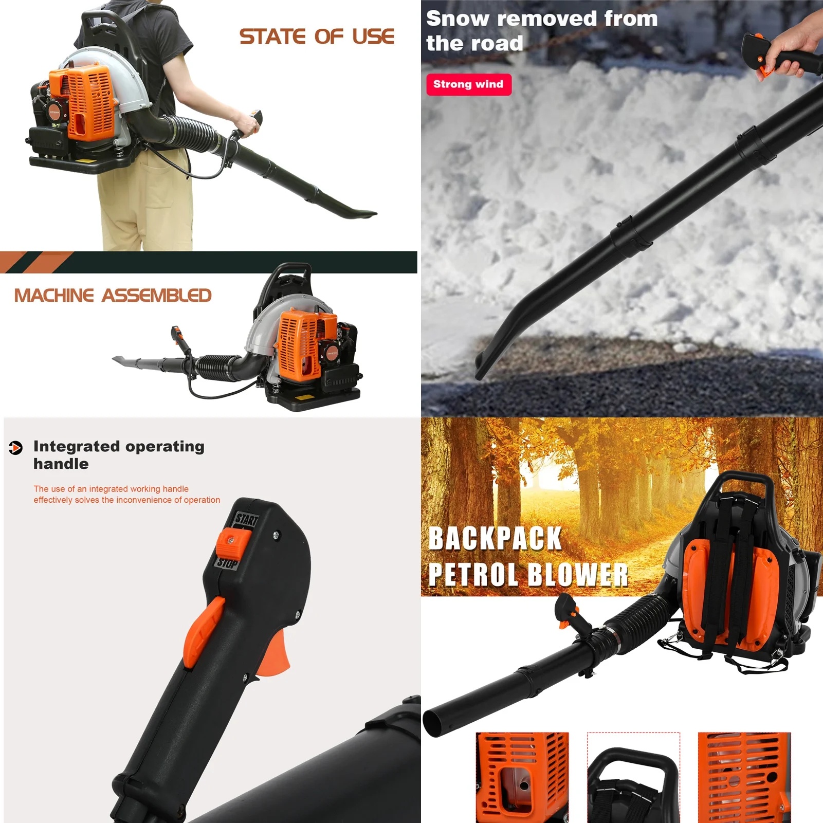 Limorve EB650 Backpack Leaf Blower, 2-Stroke Engine Multi-purpose 63 Cubic Centimeter High Strength Snow Blower for Lawn Care, Patio, Sidewalk,Snow Blowing-Orange - Image 6
