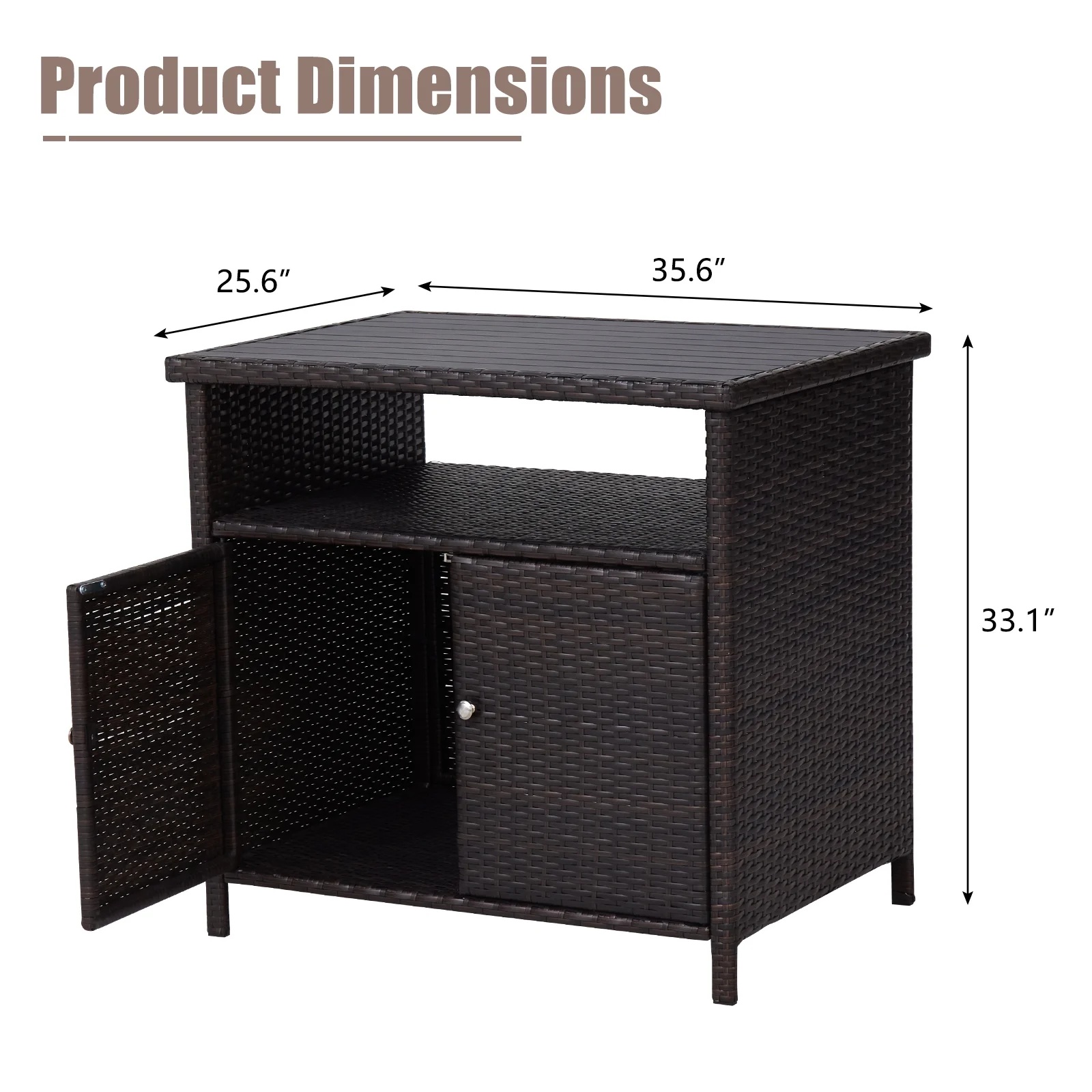 Kinbor Outdoor Wicker Storage Cabinet, Patio Bar Tables with Two Doors & Shelves, Weatherproof Storage Console Table, Dark Brown - Image 5