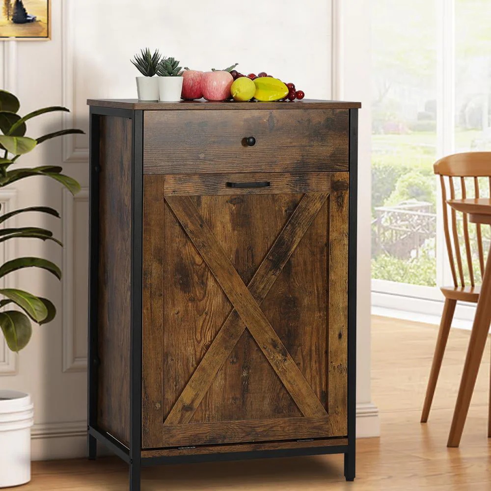 Eclife 10 Gallons Tilt Out Trash Cabinet Freestanding Floor Rustic Solid Wood Barn Door and Storage Drawer Kitchen Island - Image 10