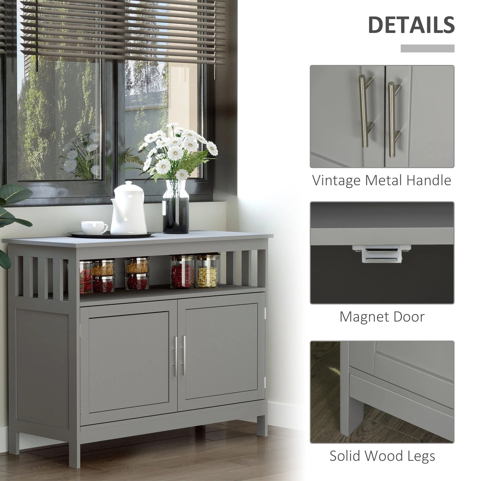 HomCom Kitchen Console Table/Buffet Sideboard/Wooden Storage Table with 2-Level Cabinet and Open Shelf, Grey - Image 10