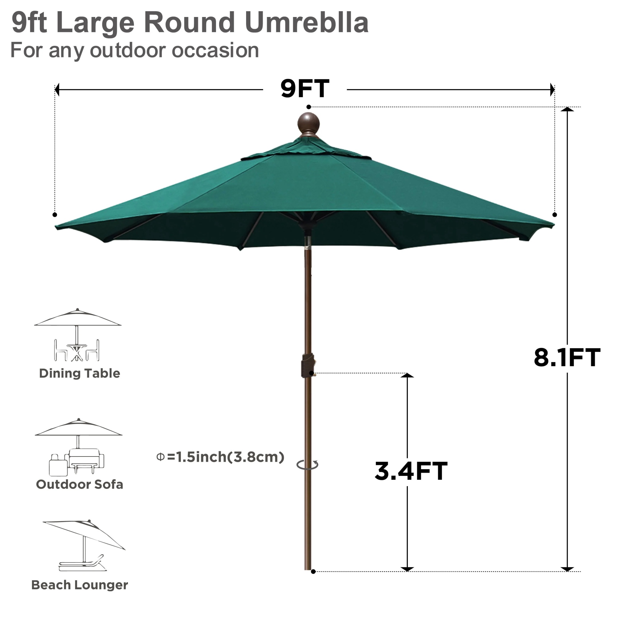 EliteShade 9Ft Market Umbrella Patio Outdoor Table Umbrella-Teal- - Image 29