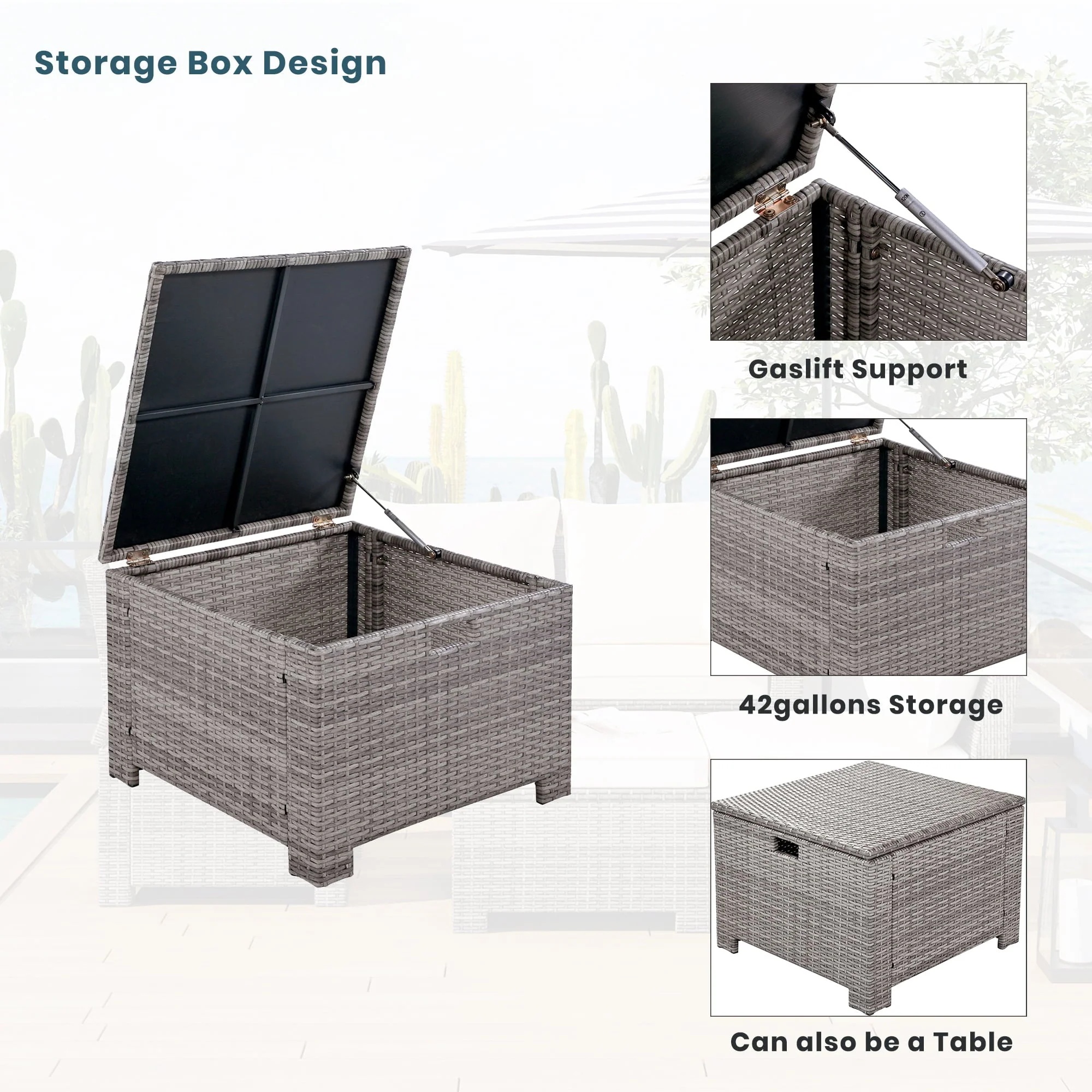 Euroco 6-Piece Outdoor Sofa Set with Storage Box, PE Wicker Seating Set for 5, Beige - Image 7