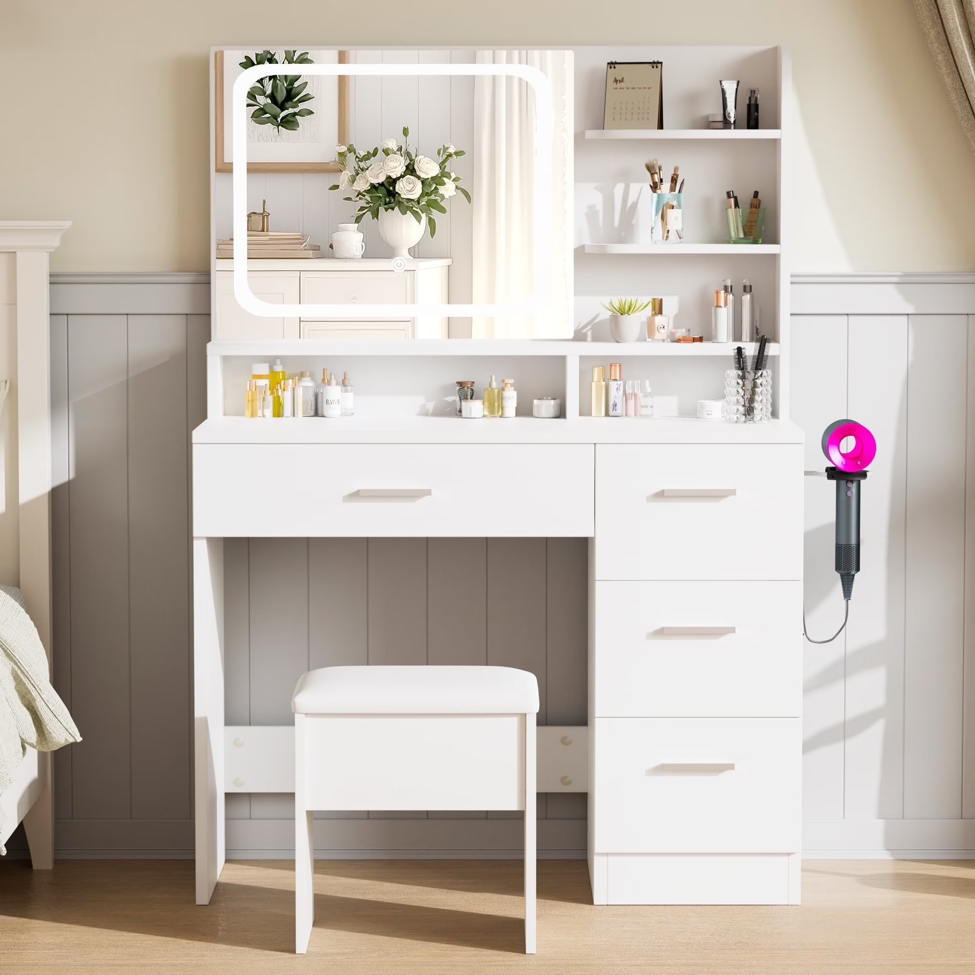 LIVELYGLOW Vanity Desk with Mirror and Lights, Makeup Vanity with Drawer & Storage Shelves, Cabinet, 3 Lighting Modes Adjustable Brightness,White - Image 7
