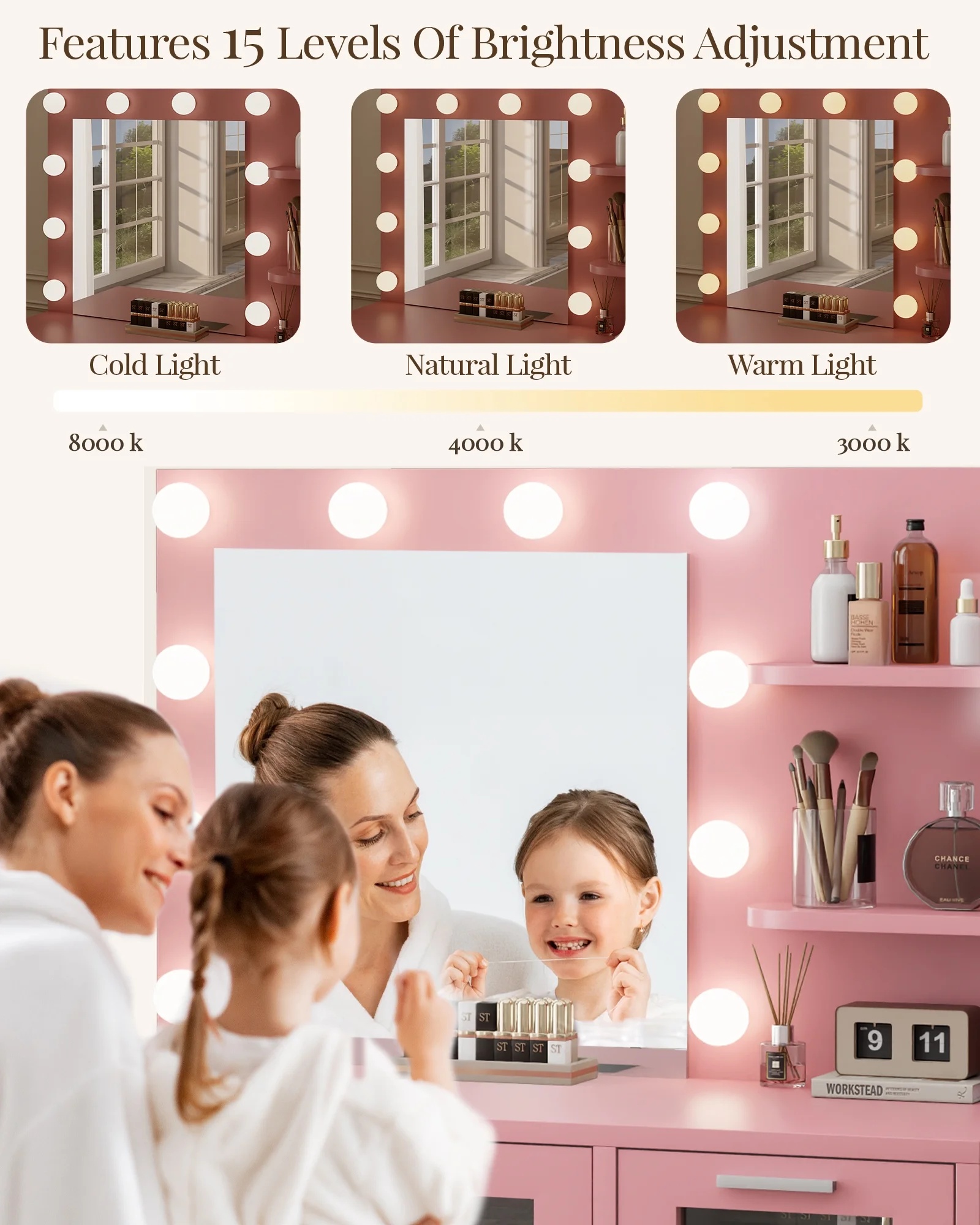 LIVELYGLOW Vanity Desk with Mirror and Lights, Makeup Vanity with Drawer & Storage Shelves, Cabinet, 3 Lighting Modes Adjustable Brightness,White - Image 22