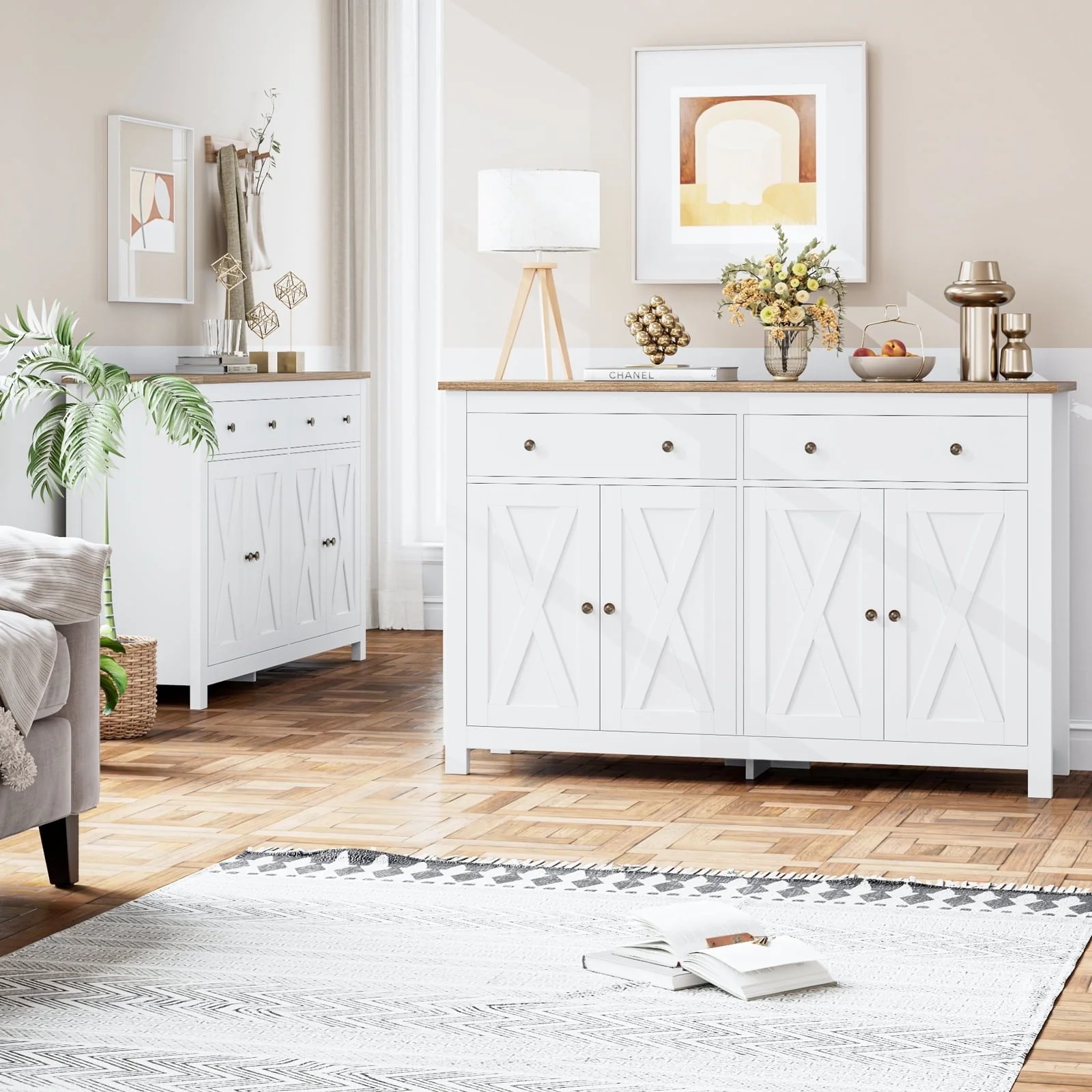 Homfa 4-Doors 2-Drawers Farmhouse Storage Cabinet, Wood Sideboard with Adjustable Shelves, White - Image 4