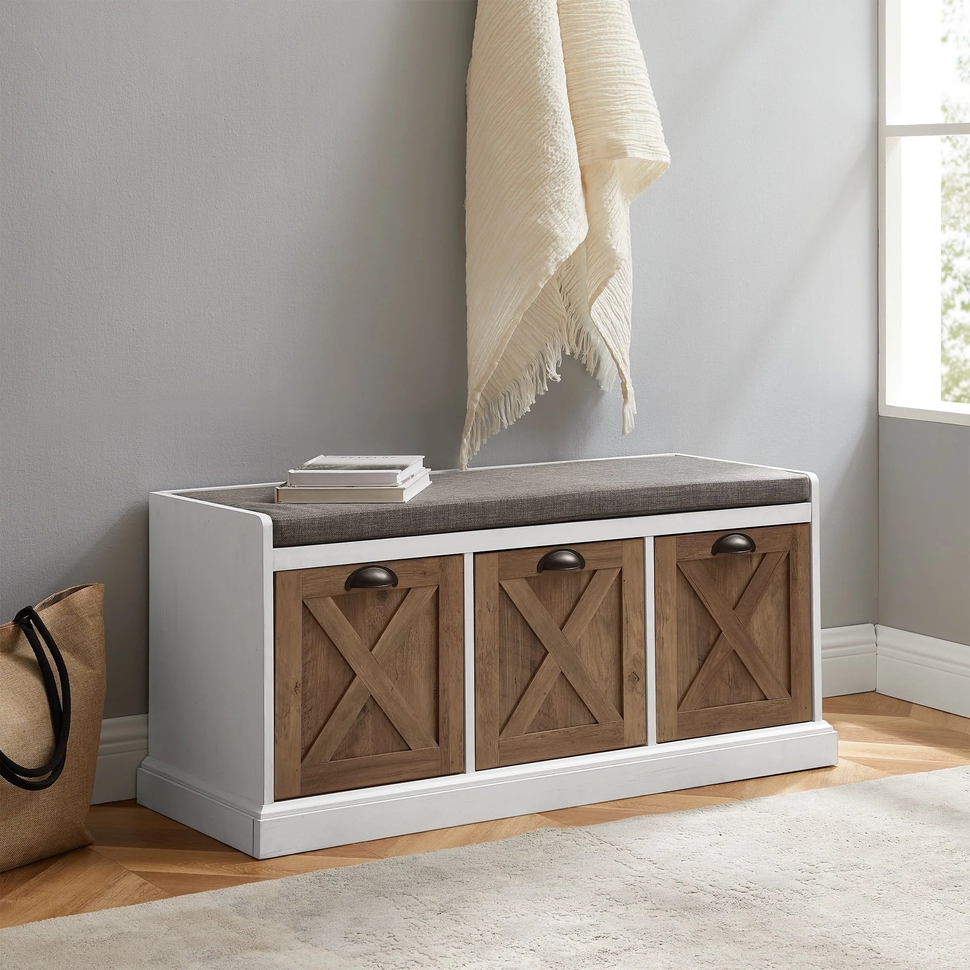 Manor Park Modern Farmhouse 3 Drawer Storage Bench, Grey Wash - Image 4
