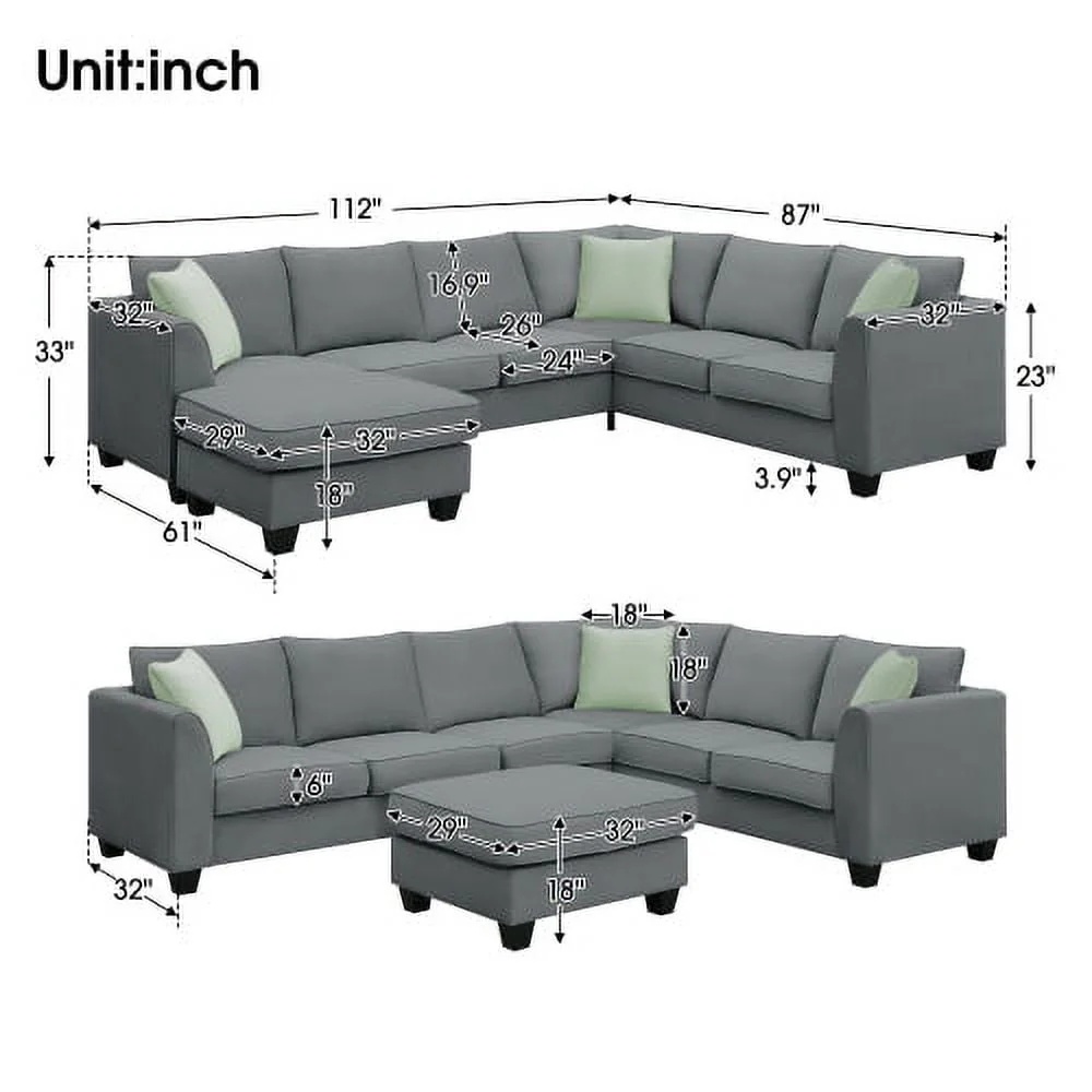 THINK 30,Convertible Sectional Sofa with Storage Ottoman, Modern Modular Sofa Sets L Shape Couches with 3 Pillows, for Living Room Furniture, Grey - Image 3