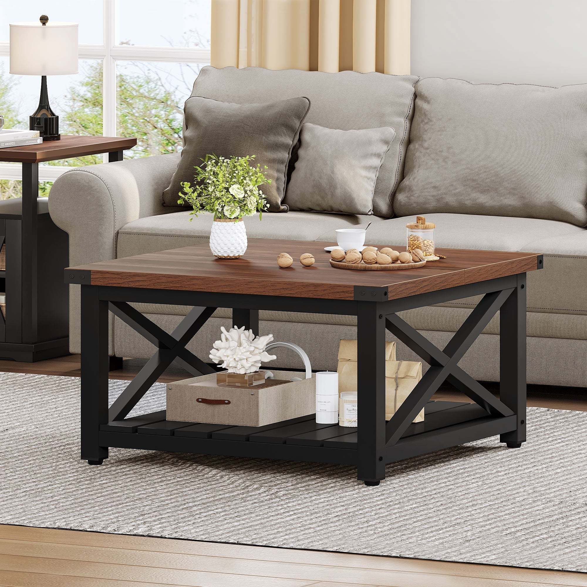 Dextrus Farmhouse Coffee Table Square Wood Center Table End Table with Open Storage Shelf for Living Room, Gray Wash - Image 2