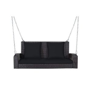 Yardi Yard 2-Person Patio Rattan Porch Swing with Cushions-Black, Porch Swing Hanging Bench, Wicker Outdoor Swing Bench with Cushion and Pillow for Patio, Yard, Garden