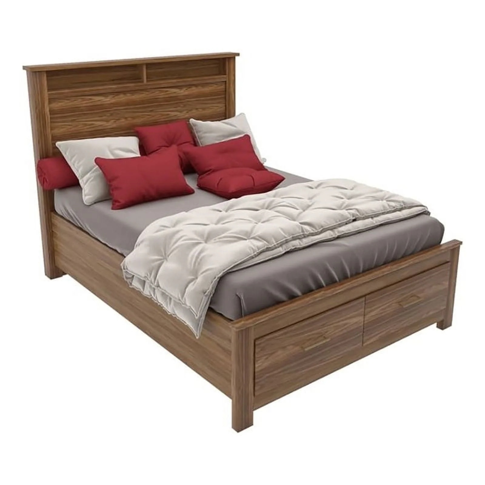 Bowery Hill Modern Design Wood Queen Bed with 2 Drawer Storage and Headboard in Oak