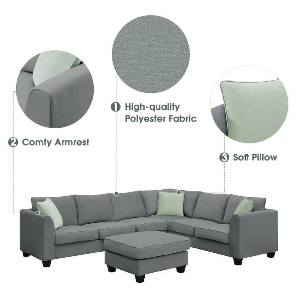 THINK 30,Convertible Sectional Sofa with Storage Ottoman, Modern Modular Sofa Sets L Shape Couches with 3 Pillows, for Living Room Furniture, Grey - Image 8