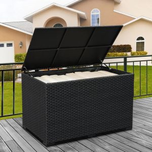 Waroom Outdoor Wicker Storage Box, 150gal Waterproof Deck Bin with Steel Frame and Lid(Assembled Size 46.3x28.3x29.7"), Black Rattan
