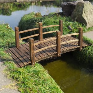 Wooden Garden Bridge Classic Wood Arch Stained Finish Footbridge with Safety Railings, 530 lbs Capacity, Decorative Pond Bridge Landscaping for Outdoor Garden Backyard Creek Farm, Carbonized