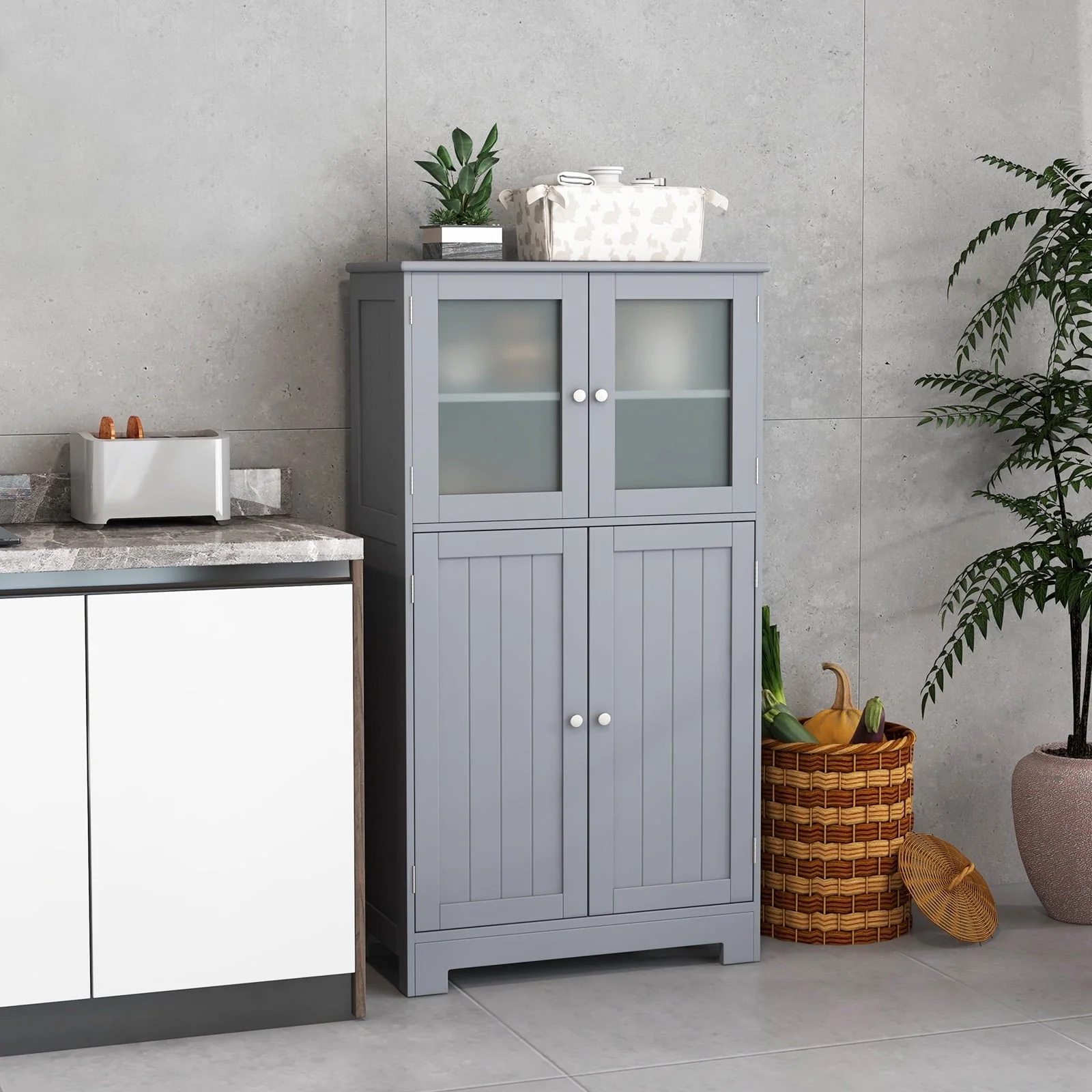 Topbuy Bathroom Storage Cabinet Freestanding Storage Cabinet w/ 4 Doors Wooden Kitchen Cupboard w/ Adjustable Shelf - Image 4
