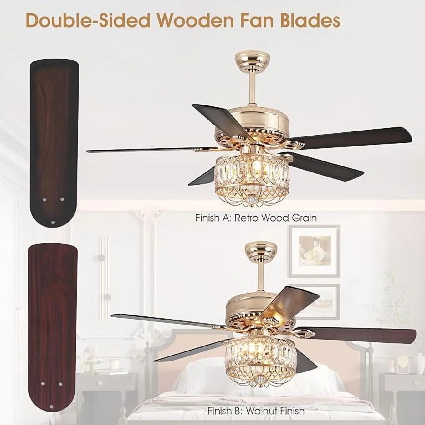 Kviflon 52" Farmhouse Ceiling Fan with Lights & Remote, Crystal Chandelier, Wood Blades, Quiet Motor, 6-Speed, Timer, Modern Lighting for Living Room, Bedroom, Dining Room, Chrome Finish - Image 28