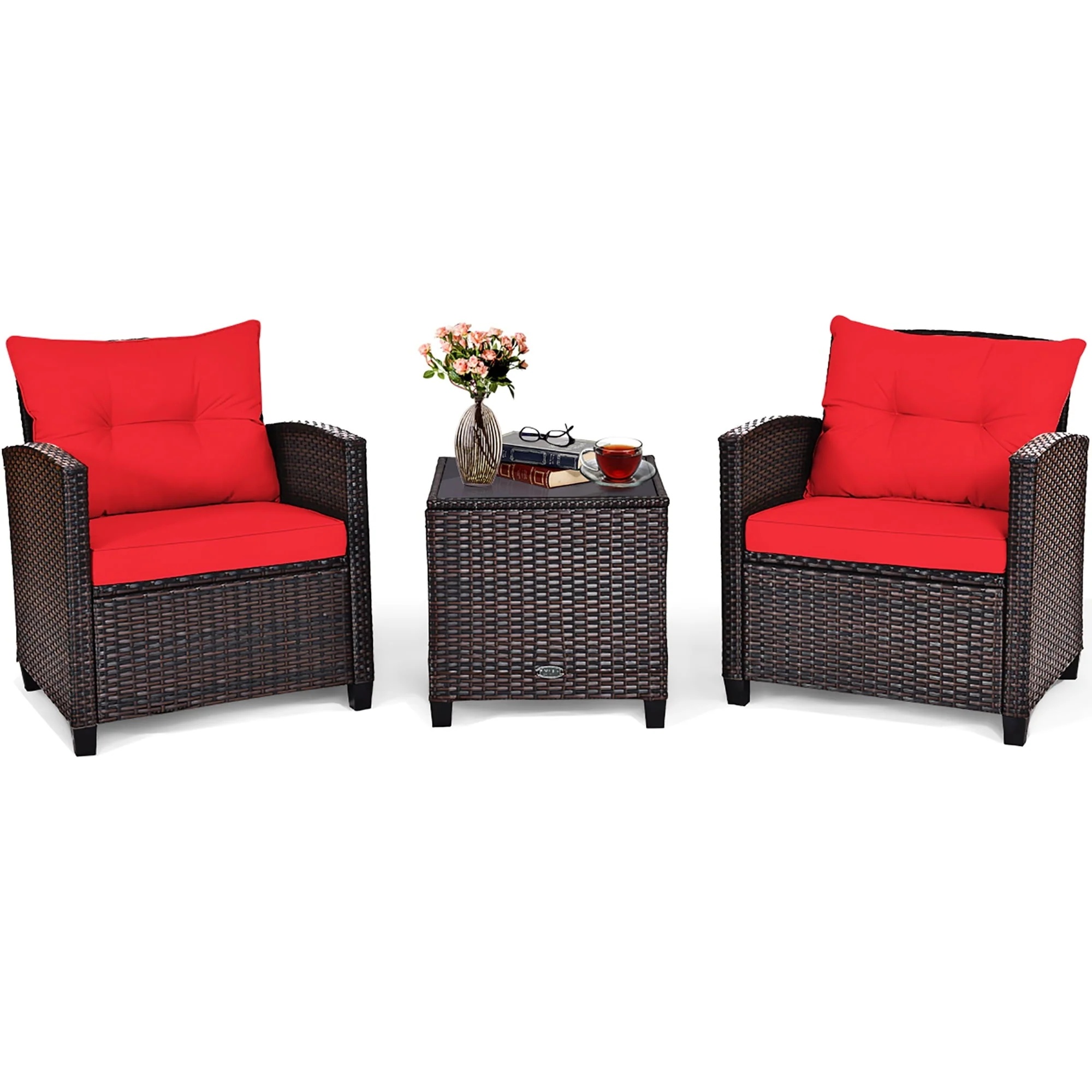 Costway 3PCS Patio Rattan Furniture Set Cushioned Conversation Set Sofa Coffee Table Red - Image 3