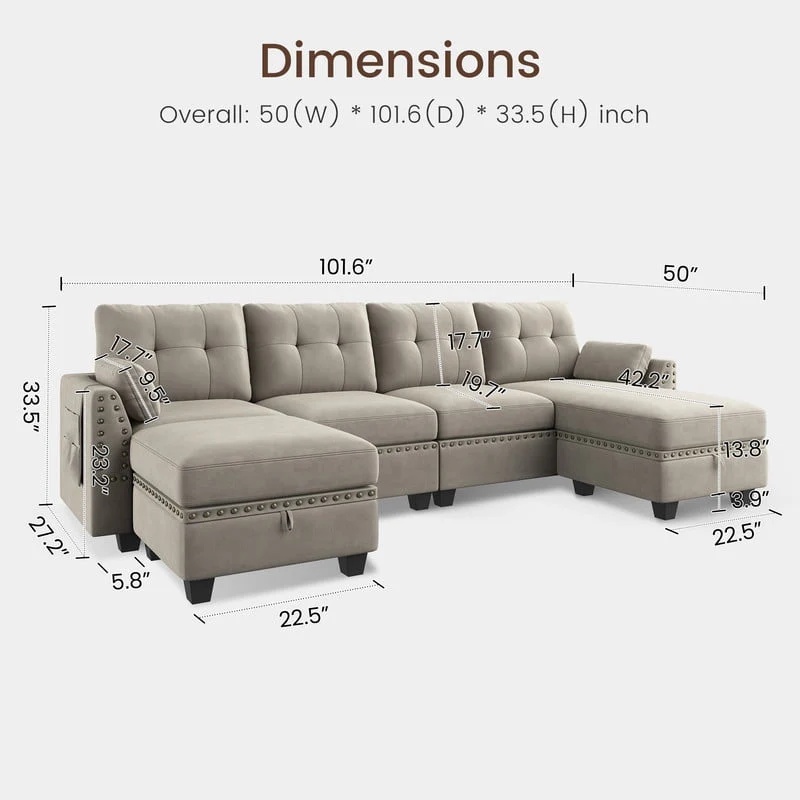 HONBAY Modern Velvet Sofas Set with Storage Ottoman Sectional Sofa in Peal Grey - Image 7