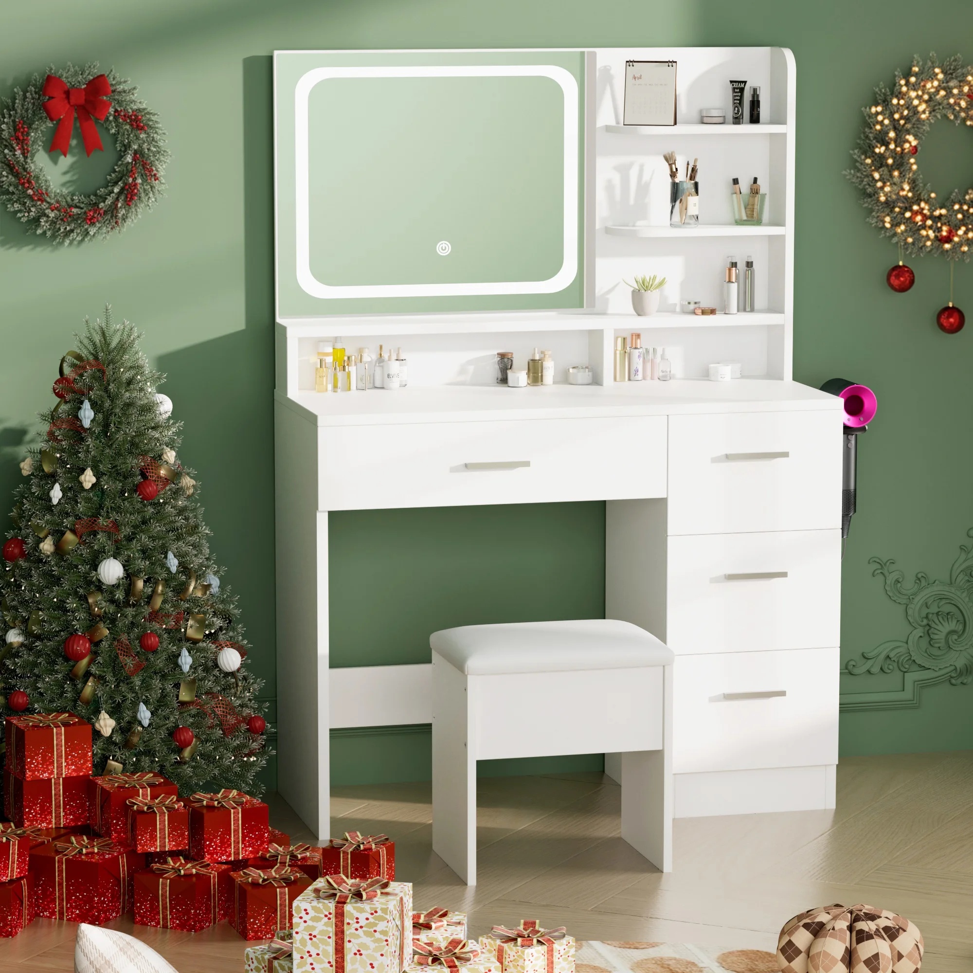 LIVELYGLOW Vanity Desk with Mirror and Lights, Makeup Vanity with Drawer & Storage Shelves, Cabinet, 3 Lighting Modes Adjustable Brightness,White - Image 40