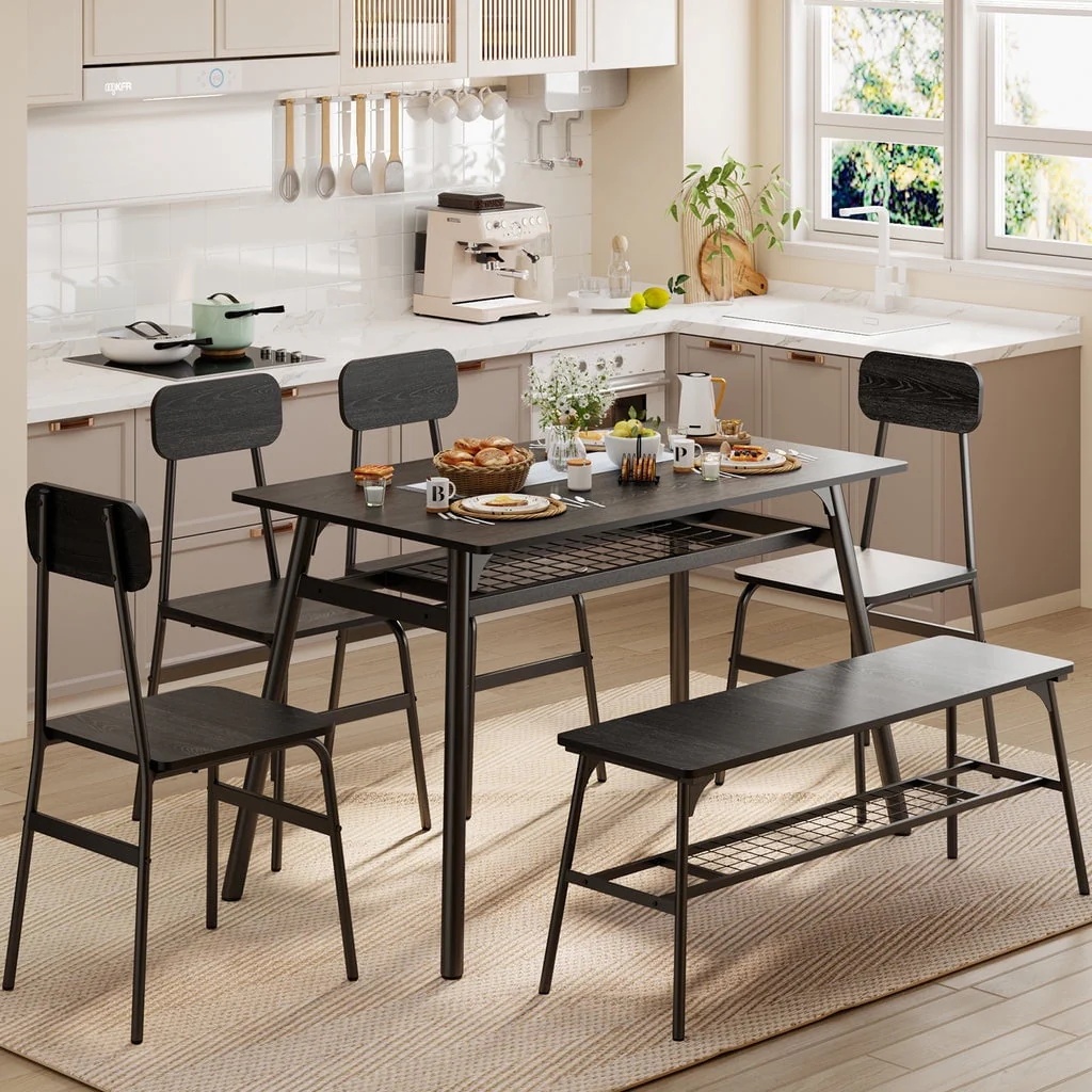 Aiho Dining Table Set for 6 with Storage Rack for Your Daily Meals and Parties - Black