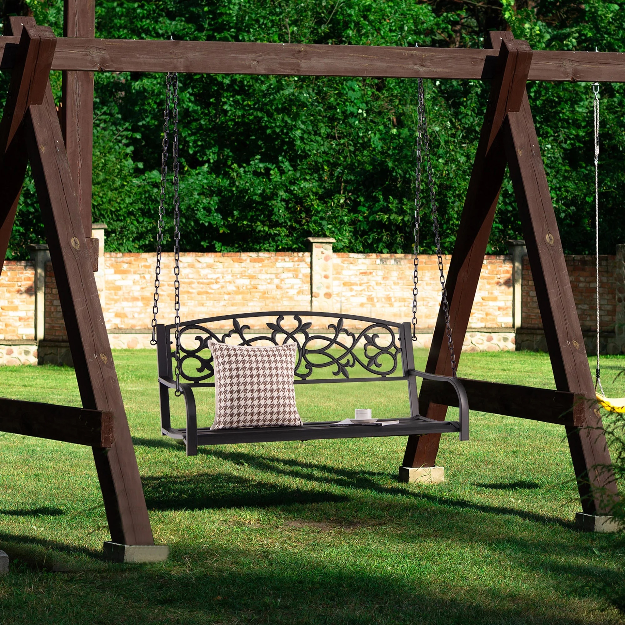 Gymax Patio Hanging Porch Swing 2-Person Outdoor Metal Swing Bench Chair w/ Chains Brown - Image 11
