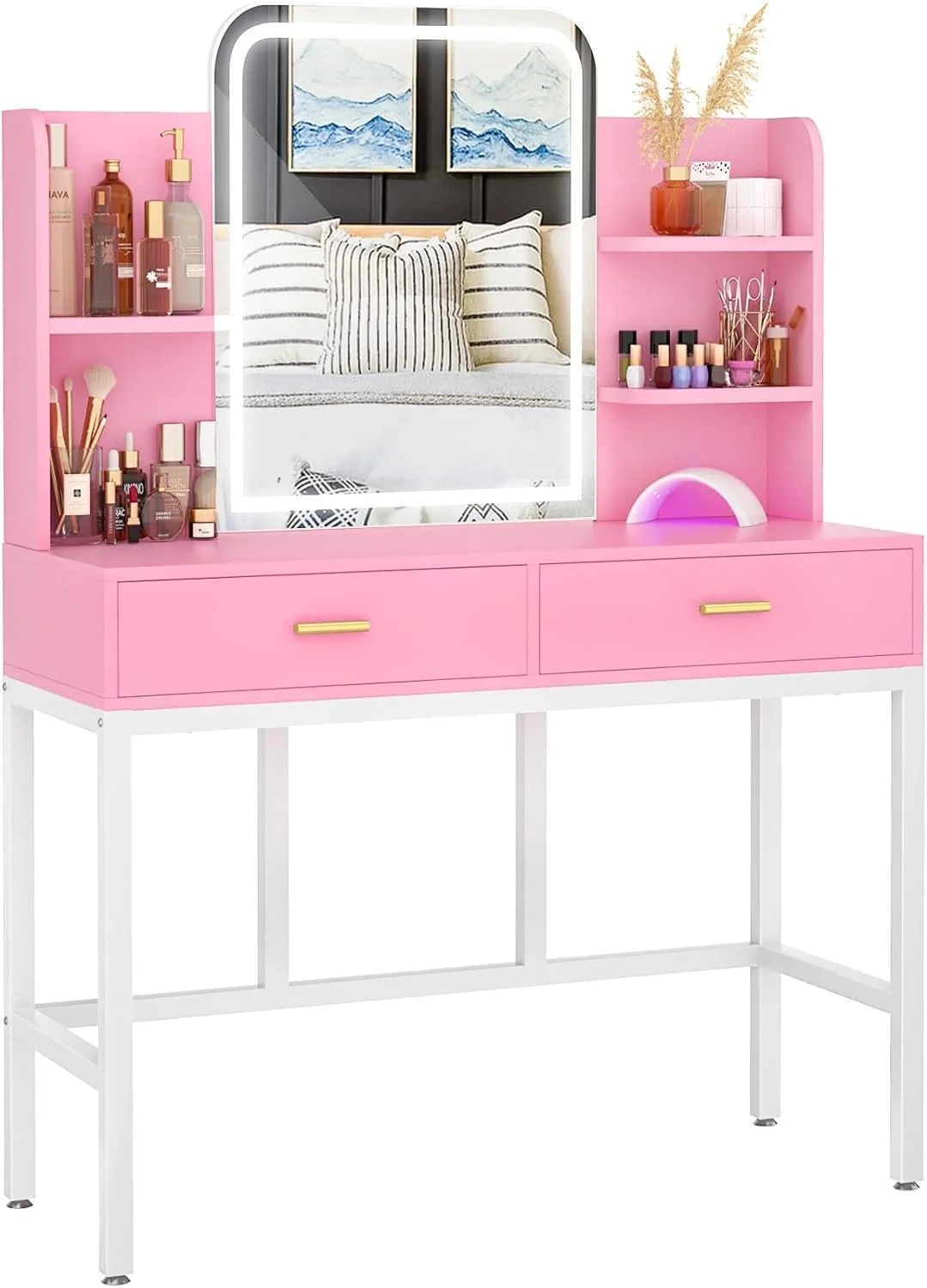 iSunirm Vanity Desk with Mirror and Lights, Makeup Vanity with 2 Drawers, Vanity Table Set with 3 Color Adjustable Lighting Options, Modern Dressing Table with Shelf, for Bedroom, Pink - Image 6