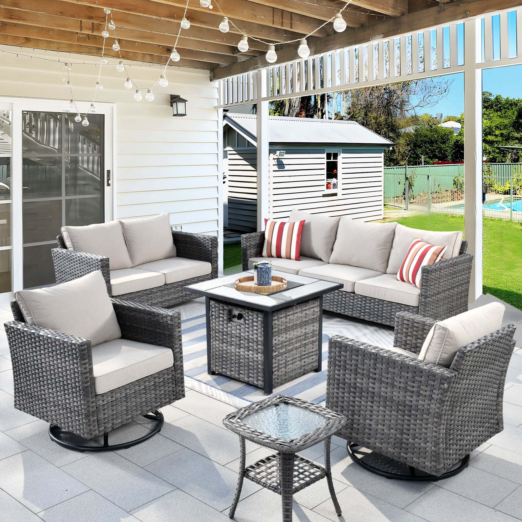 Ovios 6 Pieces Outdoor Patio Furniture Set with Gas Propane Fire Pit Table Wicker Outdoor Conversation Set with Swivel Rocking Chair for Backyard, Cushion Beige - Image 2