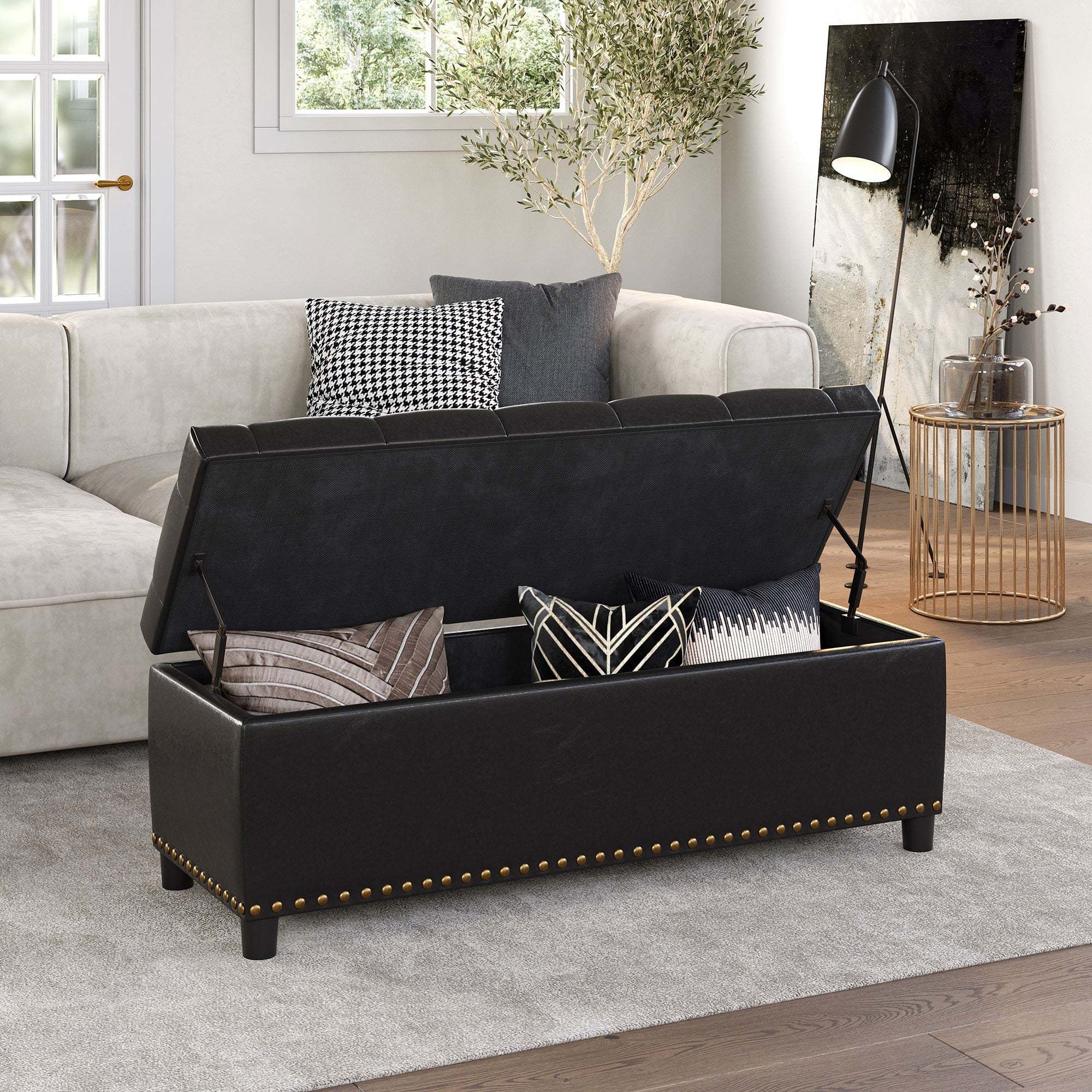 BELLEZE Button-Tufted Storage Ottoman Bench - Brentwood (Dark Brown) - Image 3