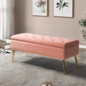 14 Karat Home Velvet Storage Ottoman Bench Gold Leg Upholstered Nailhead Trim Button Tufted Footstool Entryway Bedroom Living Room Pink