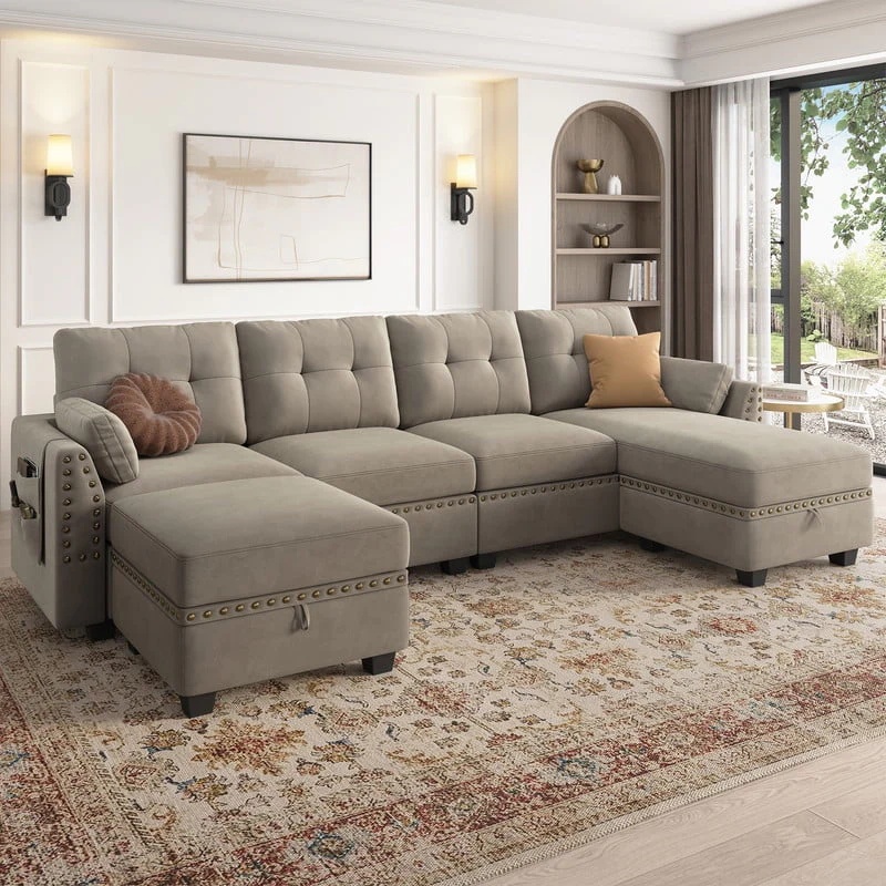 HONBAY Modern Velvet Sofas Set with Storage Ottoman Sectional Sofa in Peal Grey - Image 2