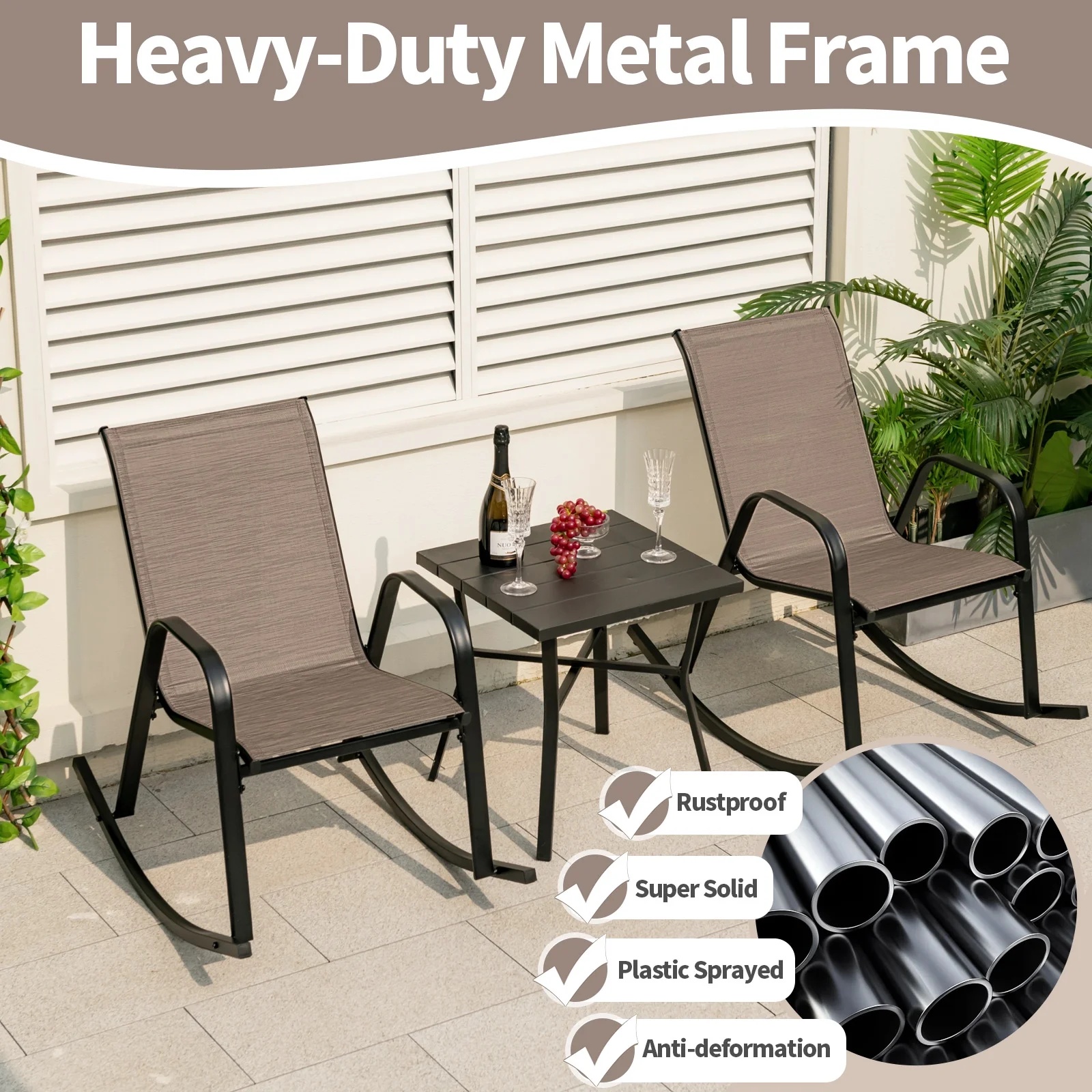 Costway 2 PCS Patio Rocking Chair Heavy-Duty Metal Rocker Outdoor Anti-Slip Brown - Image 8