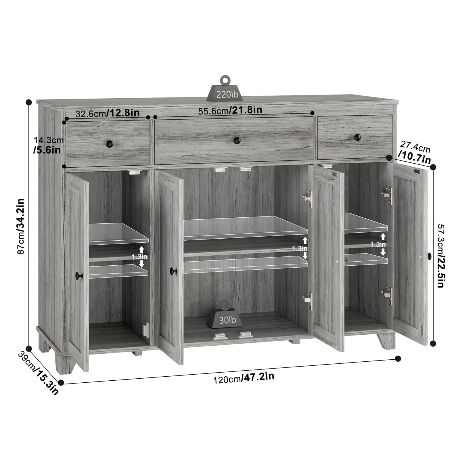Homfa Buffet Sideboard, Wooden Storage Cabinet with Drawers & Doors, Wide Buffet Cabinet for Dining Room, Gray - Image 2
