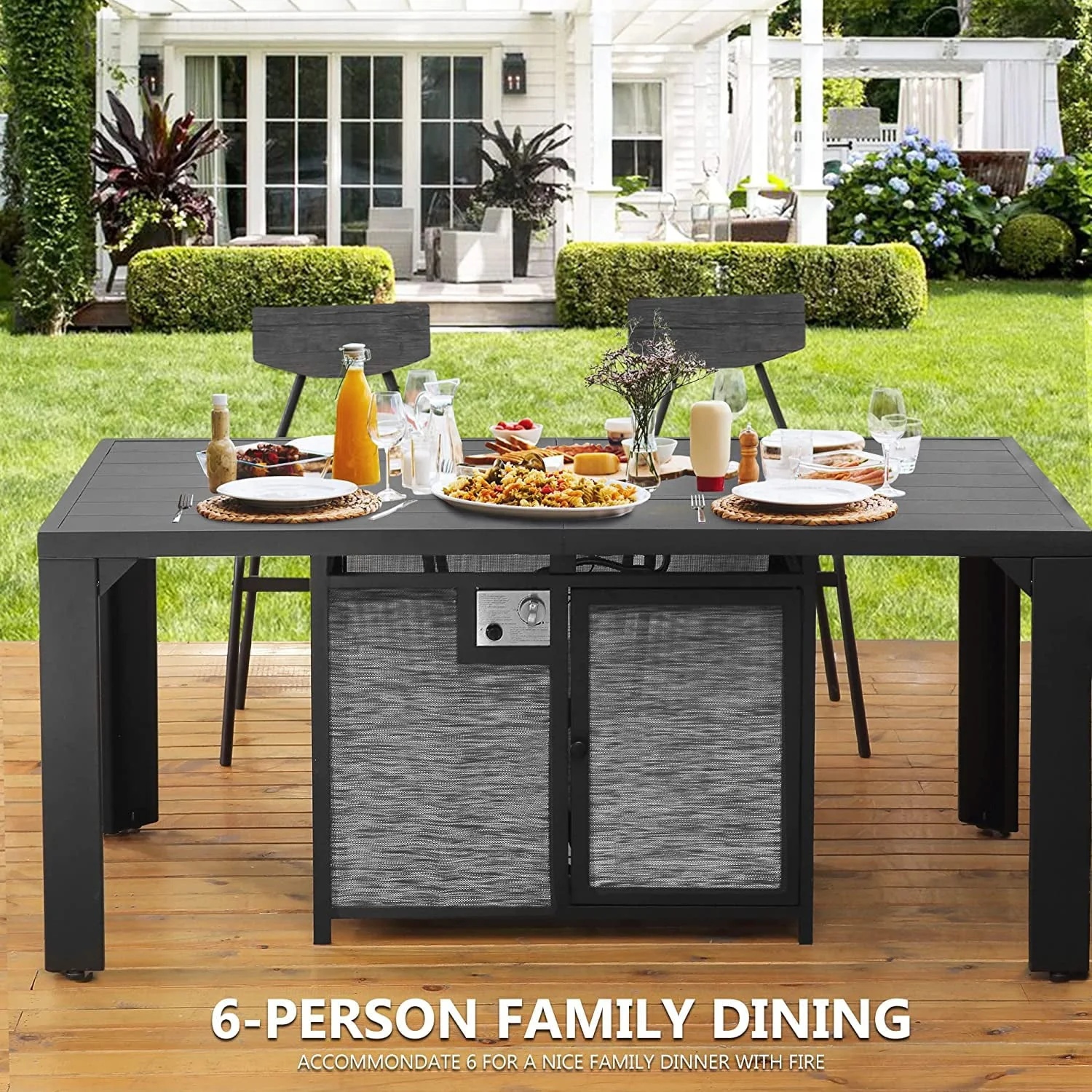 PIZZELLO Outdoor Rectangular Patio Fire Dining Table 62.5" for 6 with Fire Glass Bead, Black - Image 5