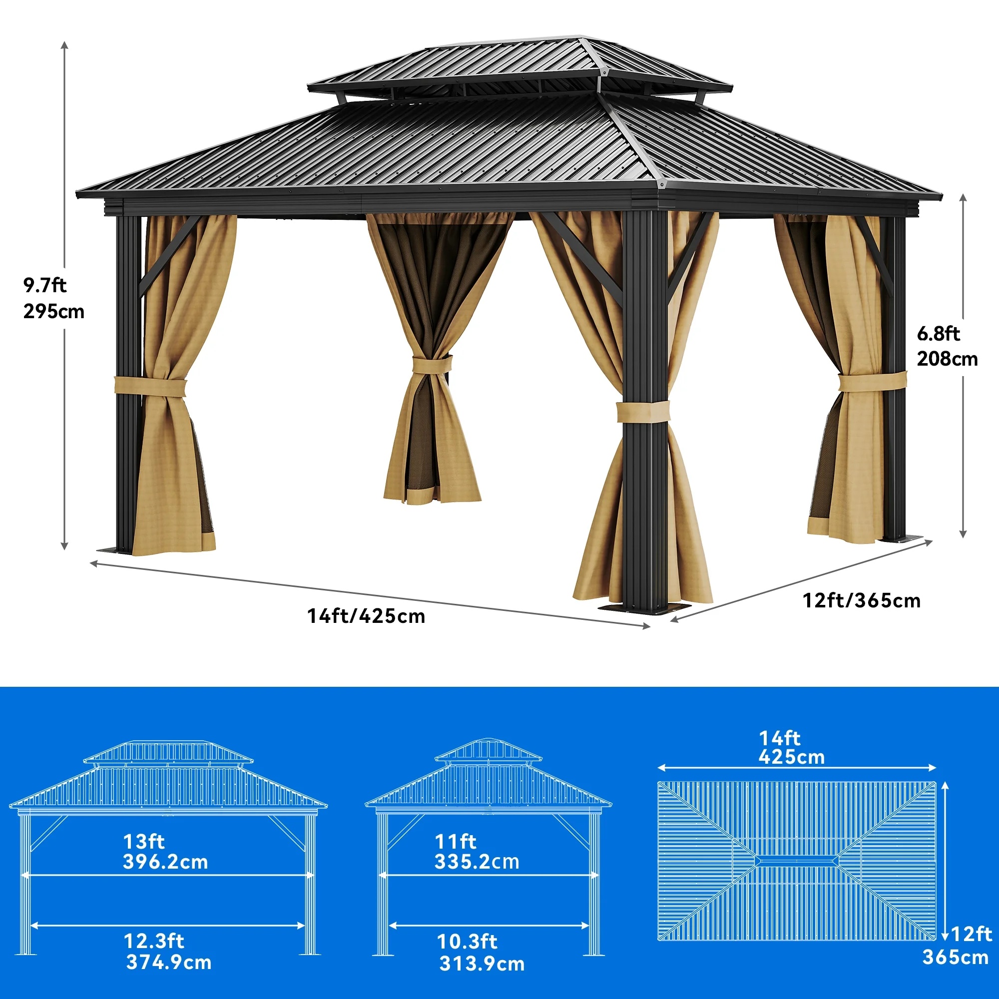 Dextrus 10x12ft Double Roof Hardtop Gazebo with Netting&Curtains, Double Galvanized Iron Aluminum Frame Outdoor White Gazebo,Ideal for Patio, Backyard,Deck and Lawns,Grey Curtain - Image 18