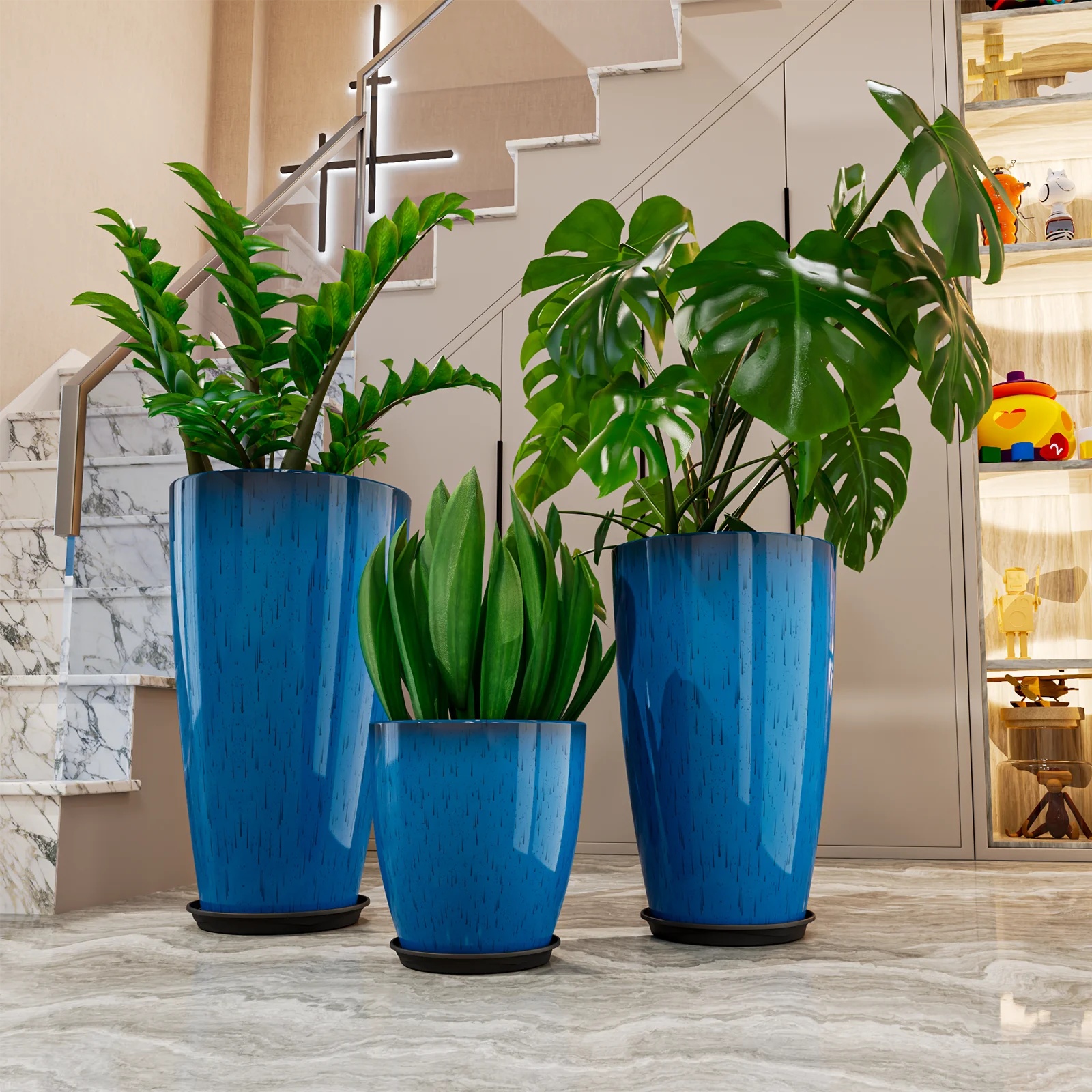24,21,10 inch Large Planter for Indoor & Outdoor Plants, Set of 3, Sturdy Plant Flower Pots Modern Decor for Front Porch Patio,Blue - Image 6