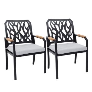 Outdoor Patio K/D Aluminum Stationary Dining Chairs 2PCS with Outdoor-grade Sunbrella Fabric Cushions, Branch-Like Backrest ,FSC-Certified Wood Armrests, Bourbon Brown
