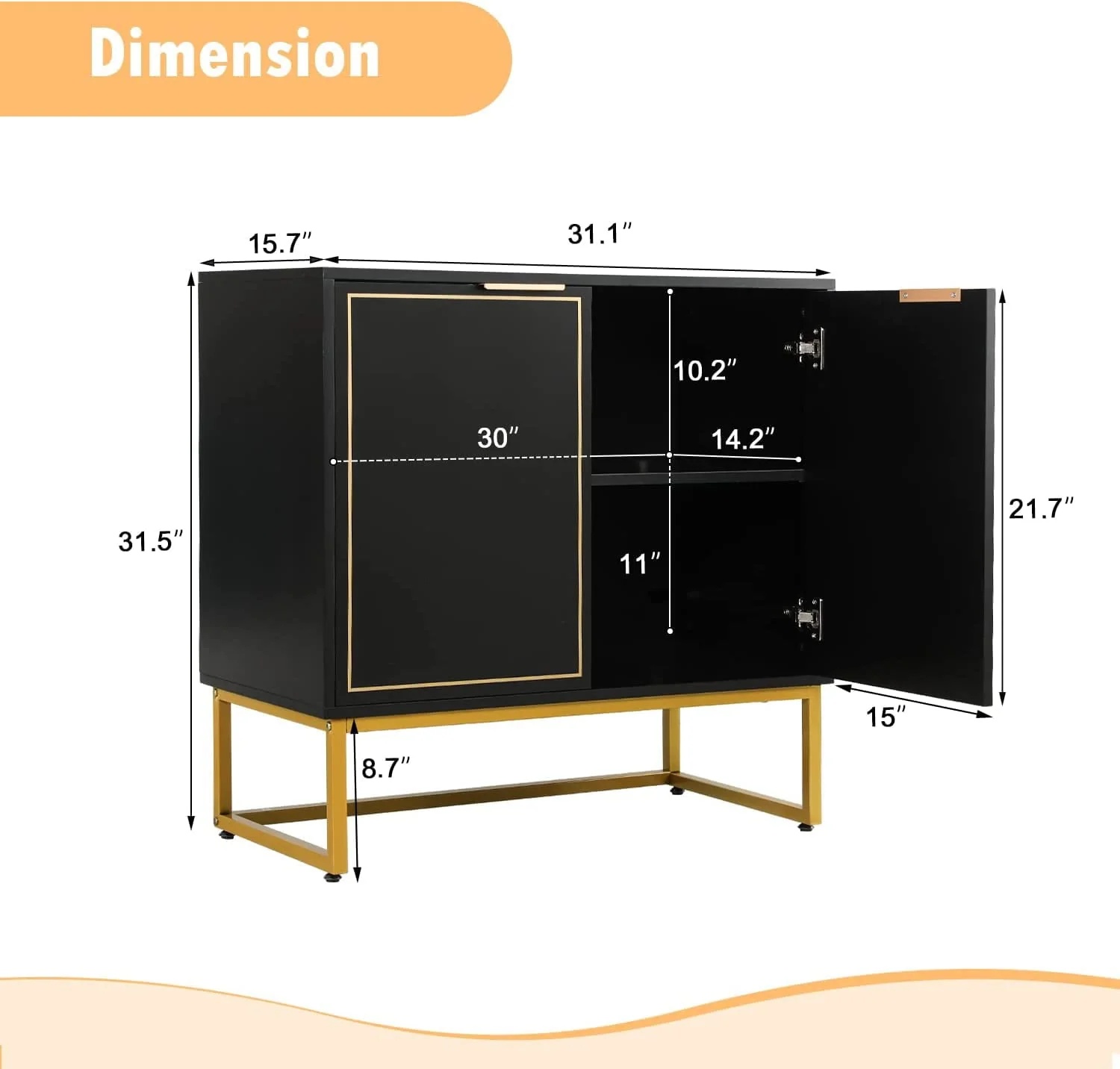 Yoleny 31'' Buffet Cabinet with Storage, Accent Cabinet with 2 Doors, Gold Trim and Golden Legs, Wooden Sideboard with Adjustable Shelf and Feet for Bedroom, Living Room, Kitchen, Hallway, Black - Image 4