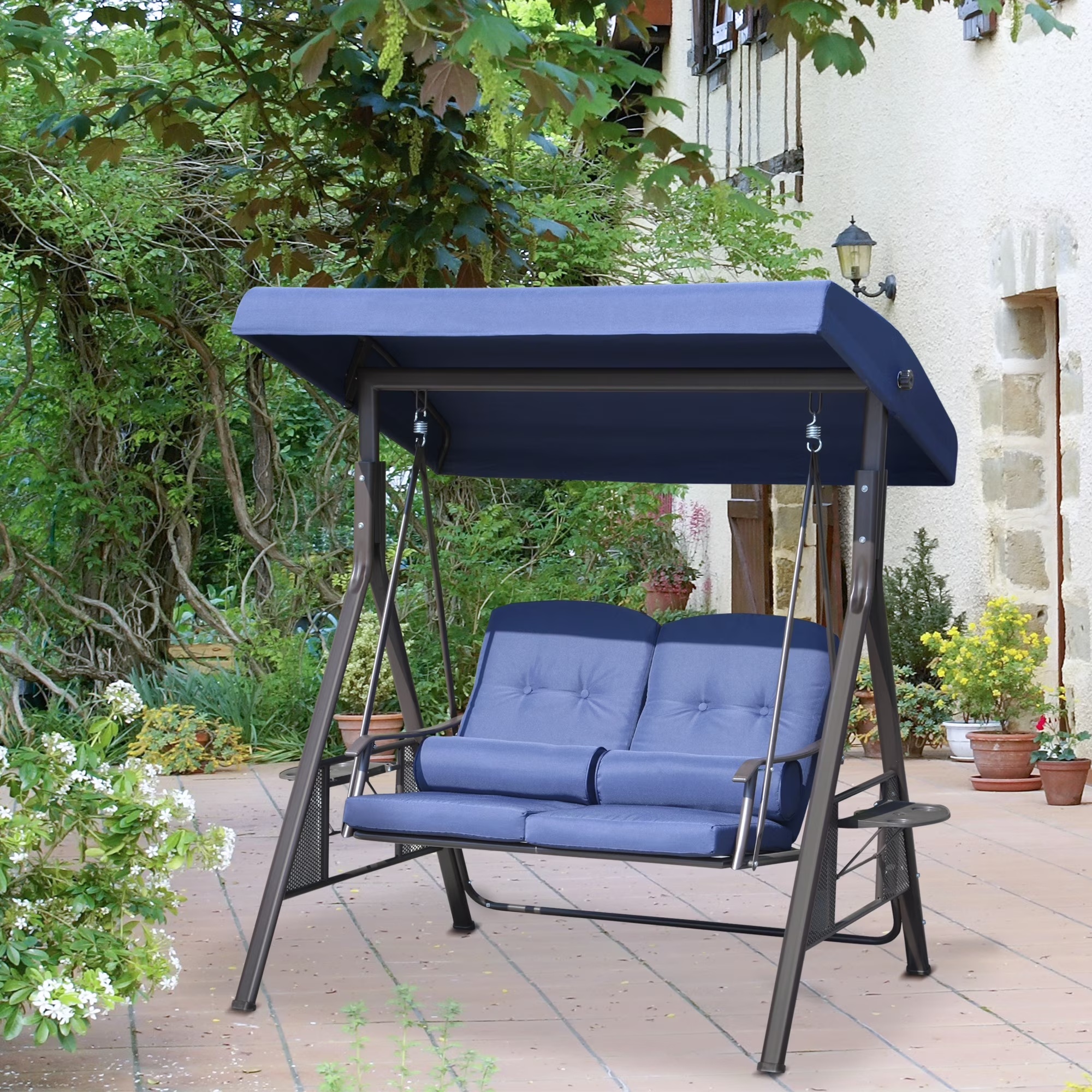 Outsunny 2-Person Patio Swing Bench with Adjustable Shade Canopy, Soft Cushions, Throw Pillows and Tray, Beige. - Image 3