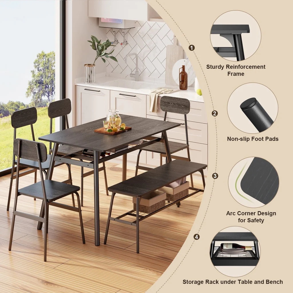 Aiho Dining Table Set for 6 with Storage Rack for Your Daily Meals and Parties - Black - Image 7