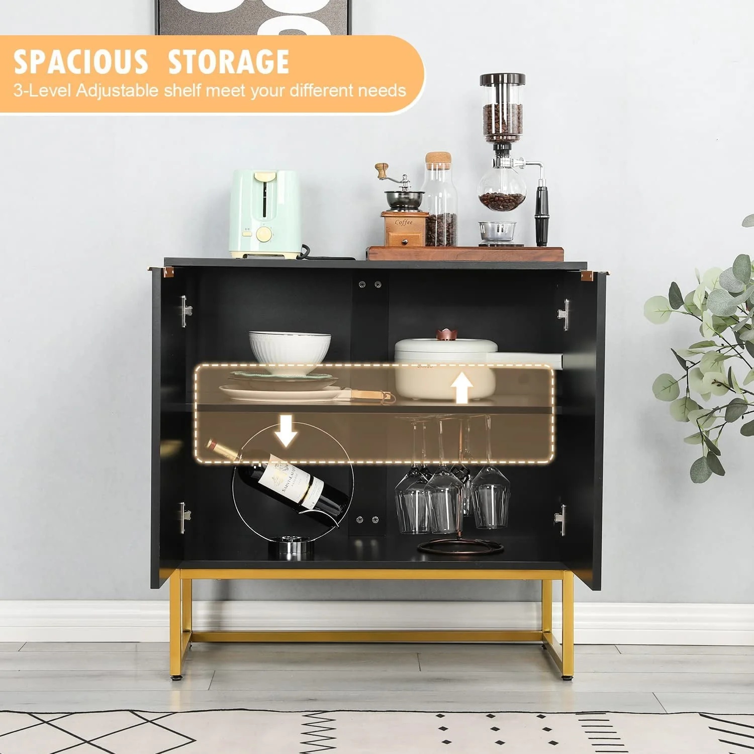 Yoleny 31'' Buffet Cabinet with Storage, Accent Cabinet with 2 Doors, Gold Trim and Golden Legs, Wooden Sideboard with Adjustable Shelf and Feet for Bedroom, Living Room, Kitchen, Hallway, Black - Image 7
