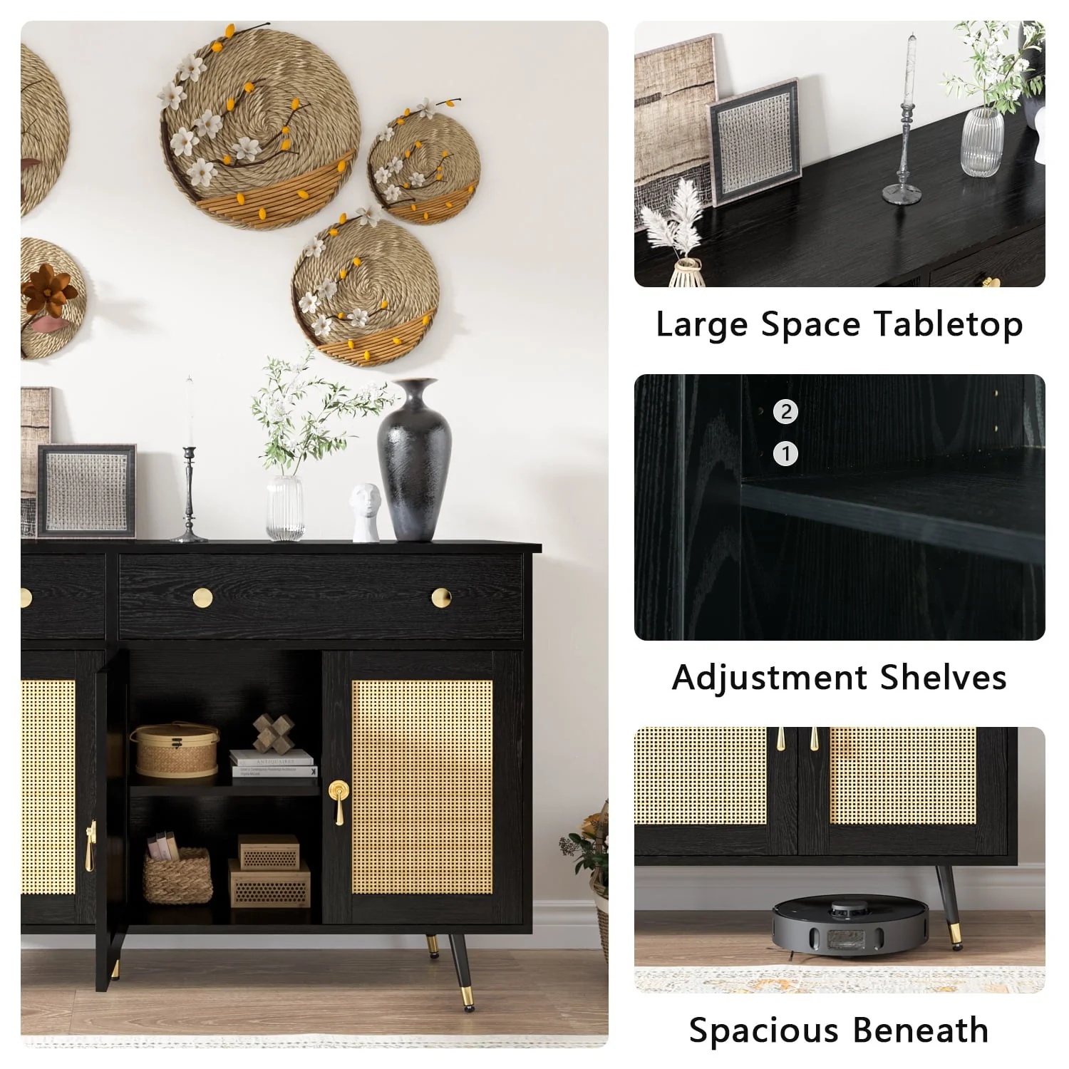 Catrimown Sideboard Buffet Cabinet, 2 Drawer and 4 Rattan Door Sideboard Storage Cabinet, Black - Image 4