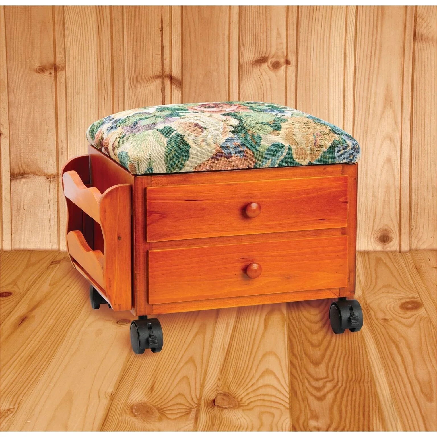 Foot Stool, Footrest Small Ottoman Stool, Elevated with Rolling Wheels- Wooden Walnut Storage Drawer and Magazine Rack- Tapestry Top with Storage - Image 2