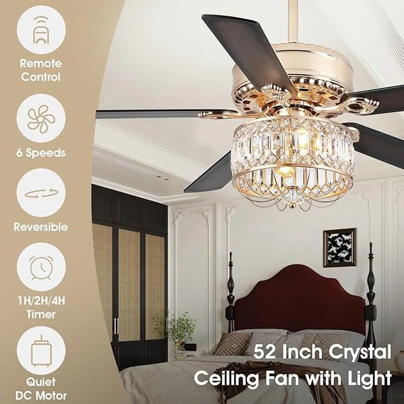 Kviflon 52" Farmhouse Ceiling Fan with Lights & Remote, Crystal Chandelier, Wood Blades, Quiet Motor, 6-Speed, Timer, Modern Lighting for Living Room, Bedroom, Dining Room, Chrome Finish - Image 26