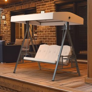 VEIKOUS 3-Seat Porch Swing Glider Outdoor with Adjustable Canopy and Side tables for Patio, Beige