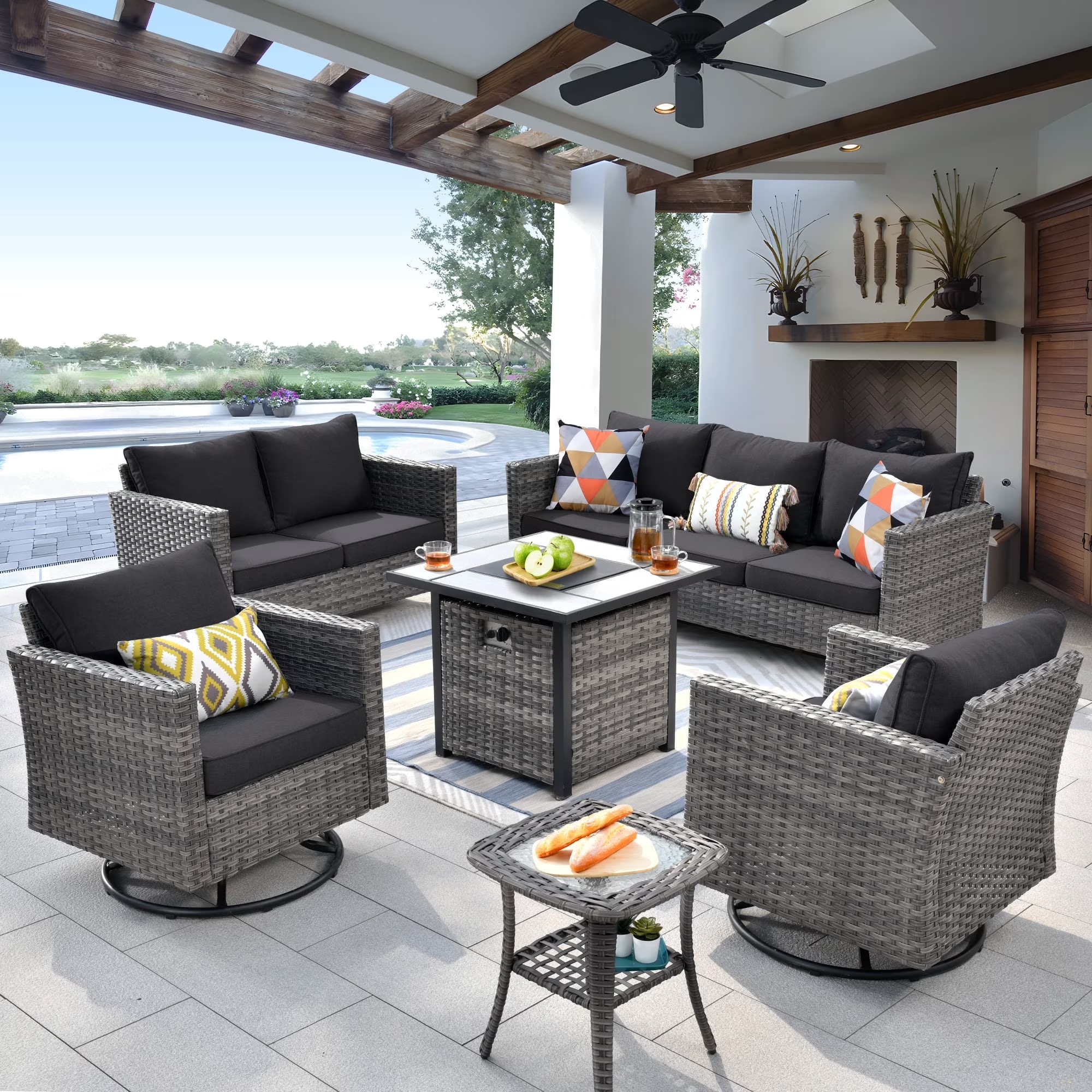 Ovios 6 Pieces Outdoor Patio Furniture Set with Gas Propane Fire Pit Table Wicker Outdoor Conversation Set with Swivel Rocking Chair for Backyard, Cushion Beige - Image 13