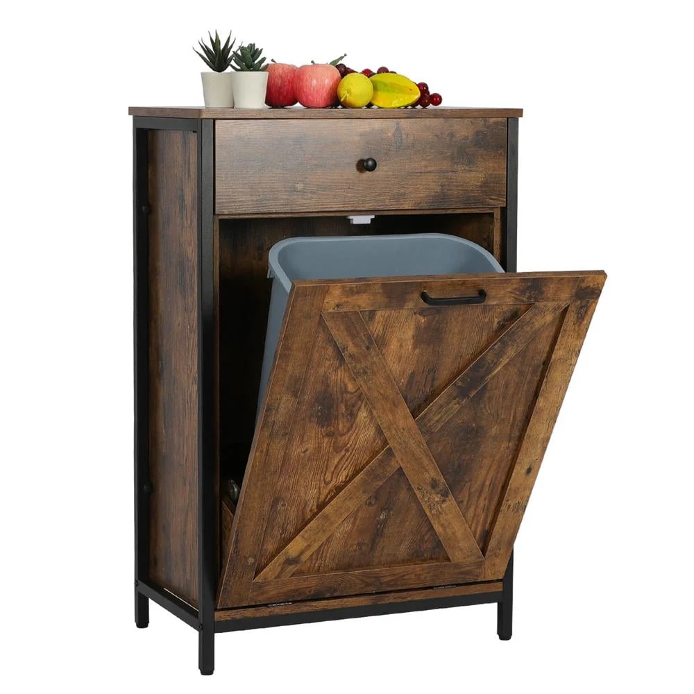 Eclife 10 Gallons Tilt Out Trash Cabinet Freestanding Floor Rustic Solid Wood Barn Door and Storage Drawer Kitchen Island - Image 9